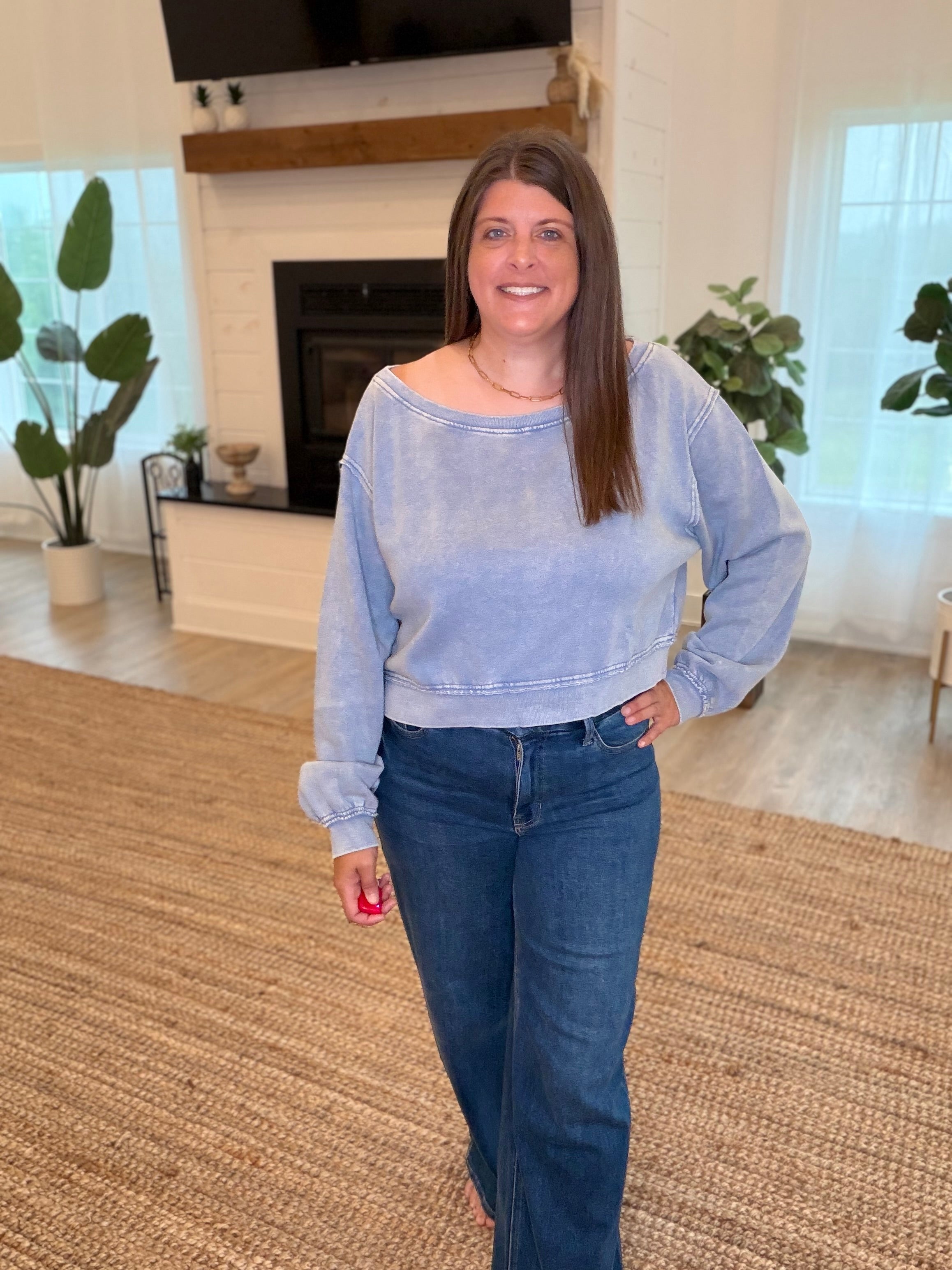Dusty Blue Raw Edge Acid Wash Off The Shoulder Sweatshirt