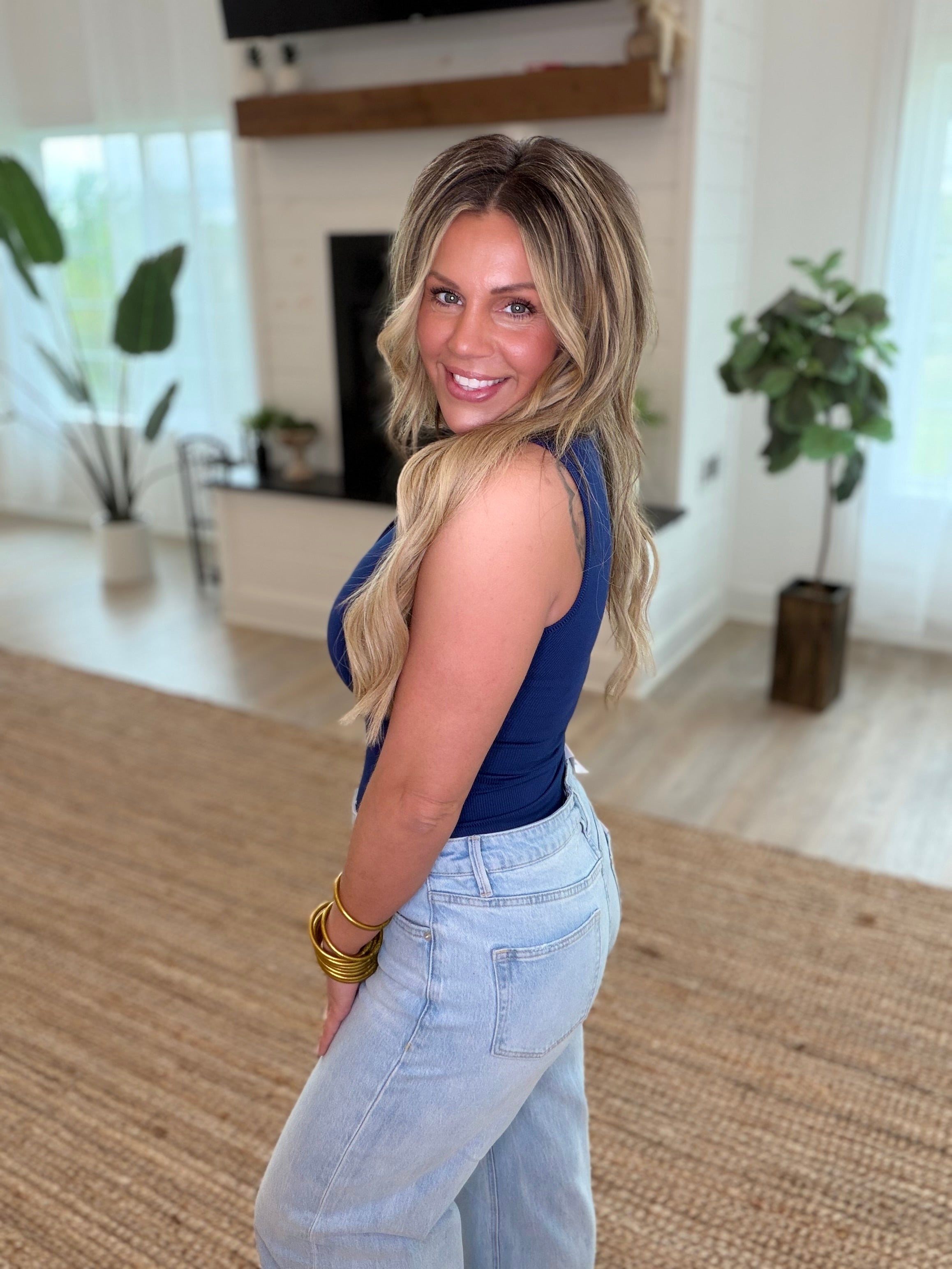 Navy Ribbed V-Neck Sleeveless Top