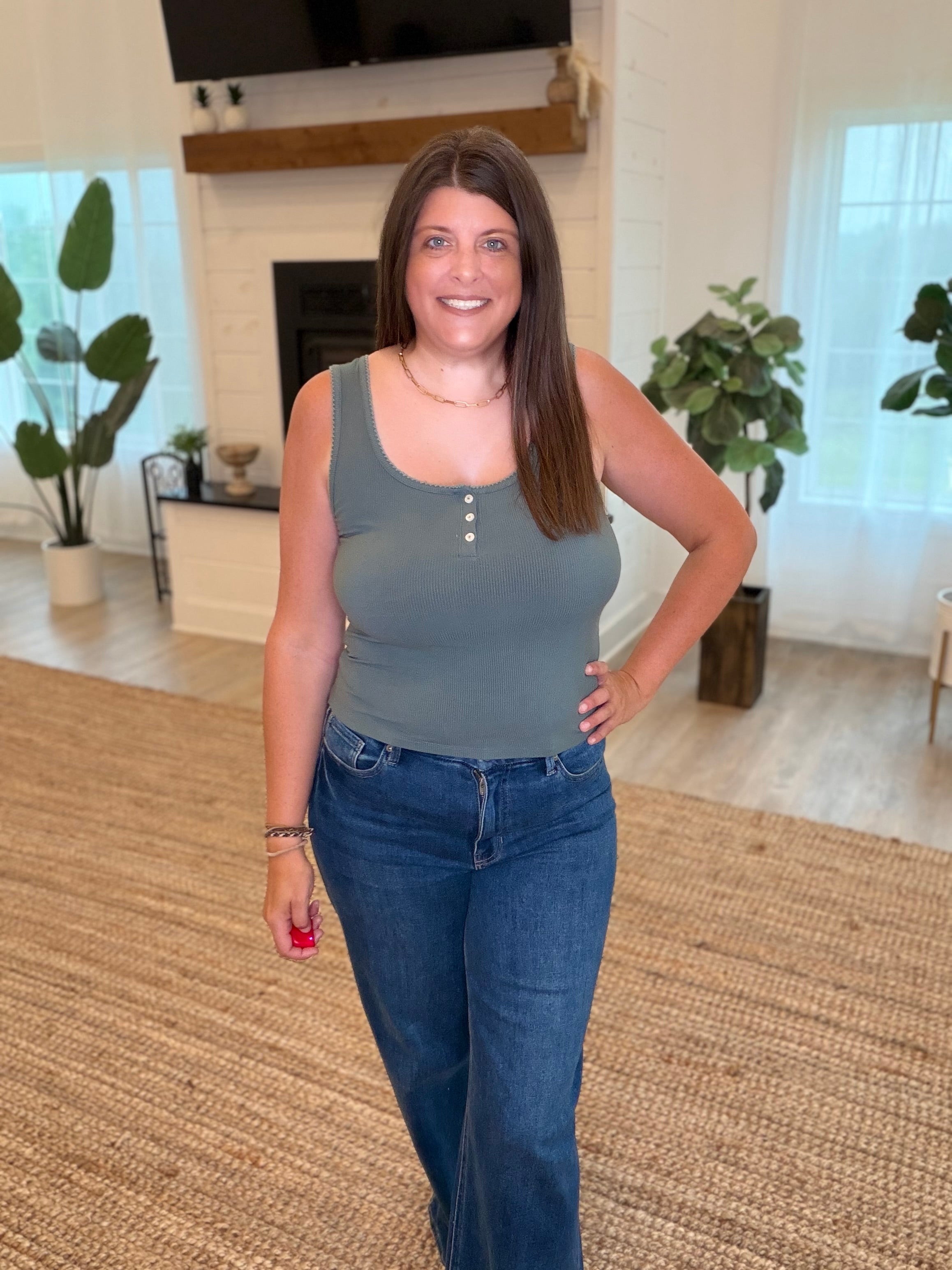 Smokey Olive Ribbed Scoop Neck Button Front Tank Top