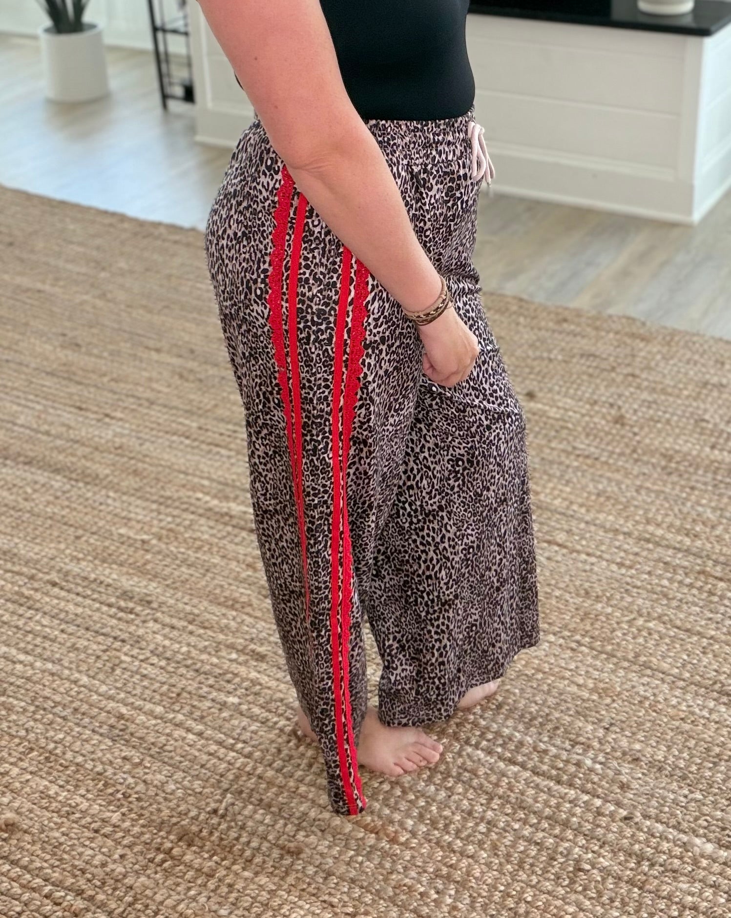 Leopard Print Contrast Lace Striped Drawstring Pants