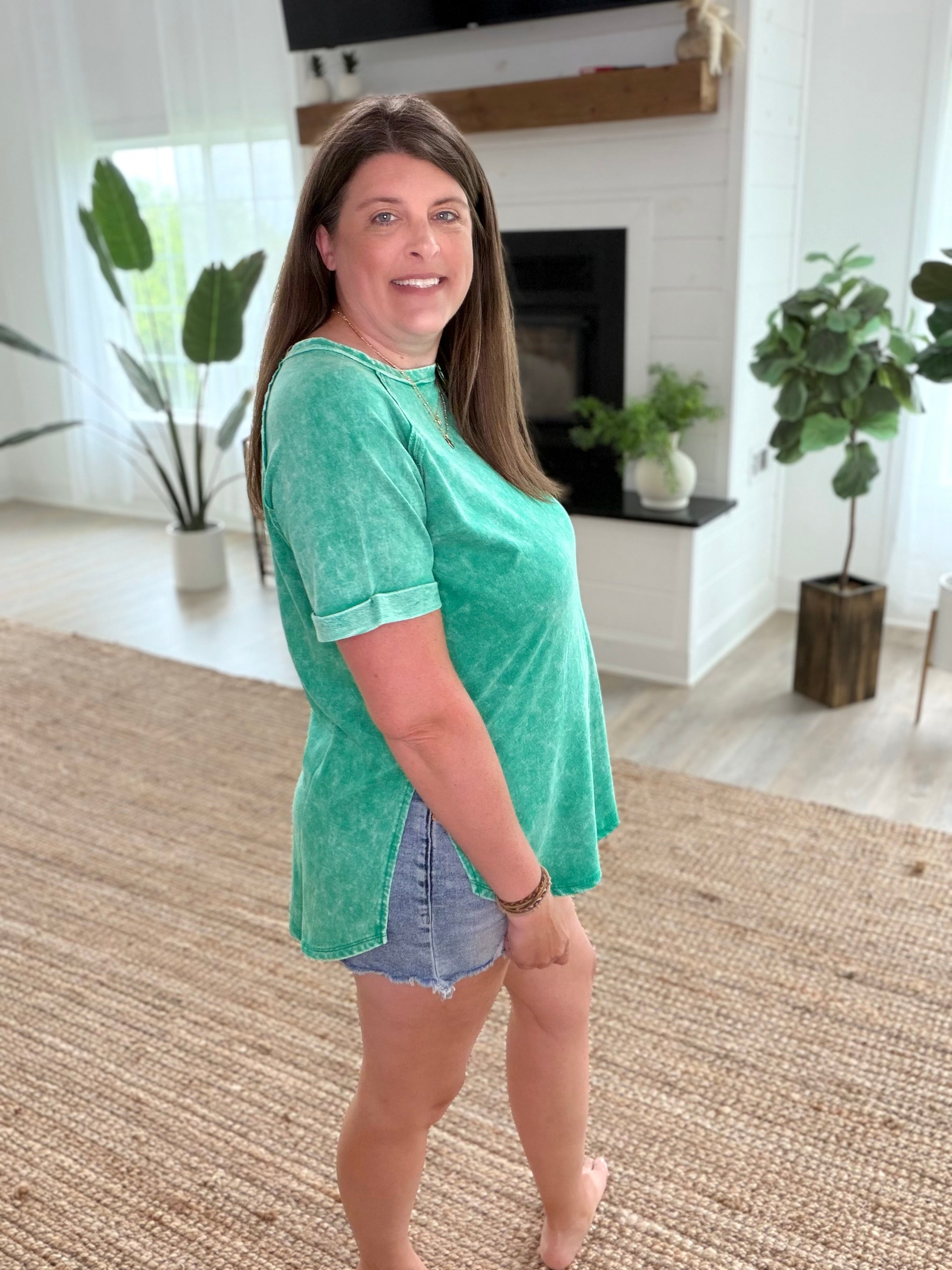 Kelly Green French Terry Acid Wash Short Cuff Sleeve Top