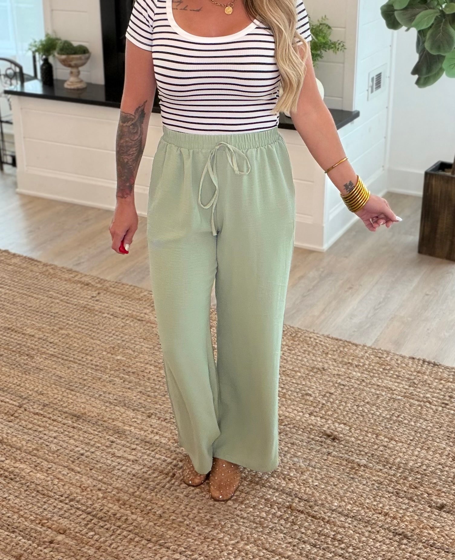 Olive Drawstring Wide Leg Pants