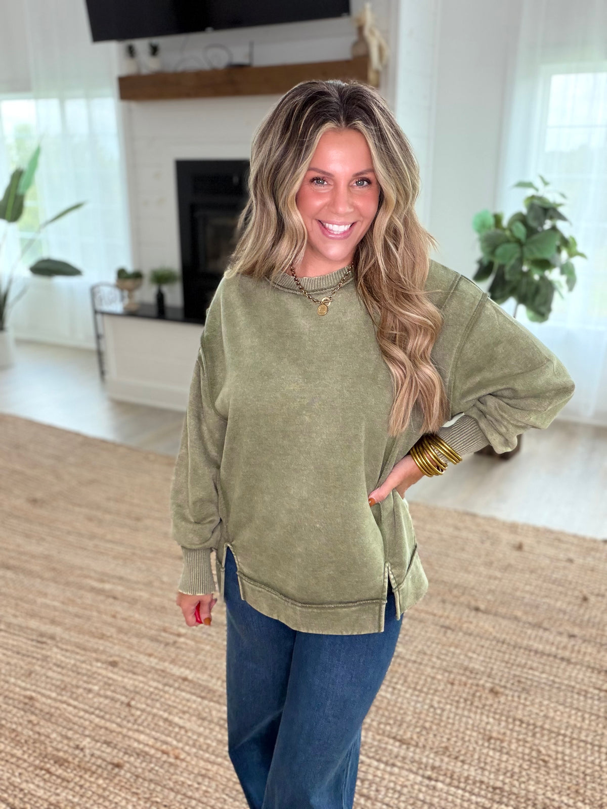 Light Olive Acid Wash Exposed-Seam Fleece Sweatshirt
