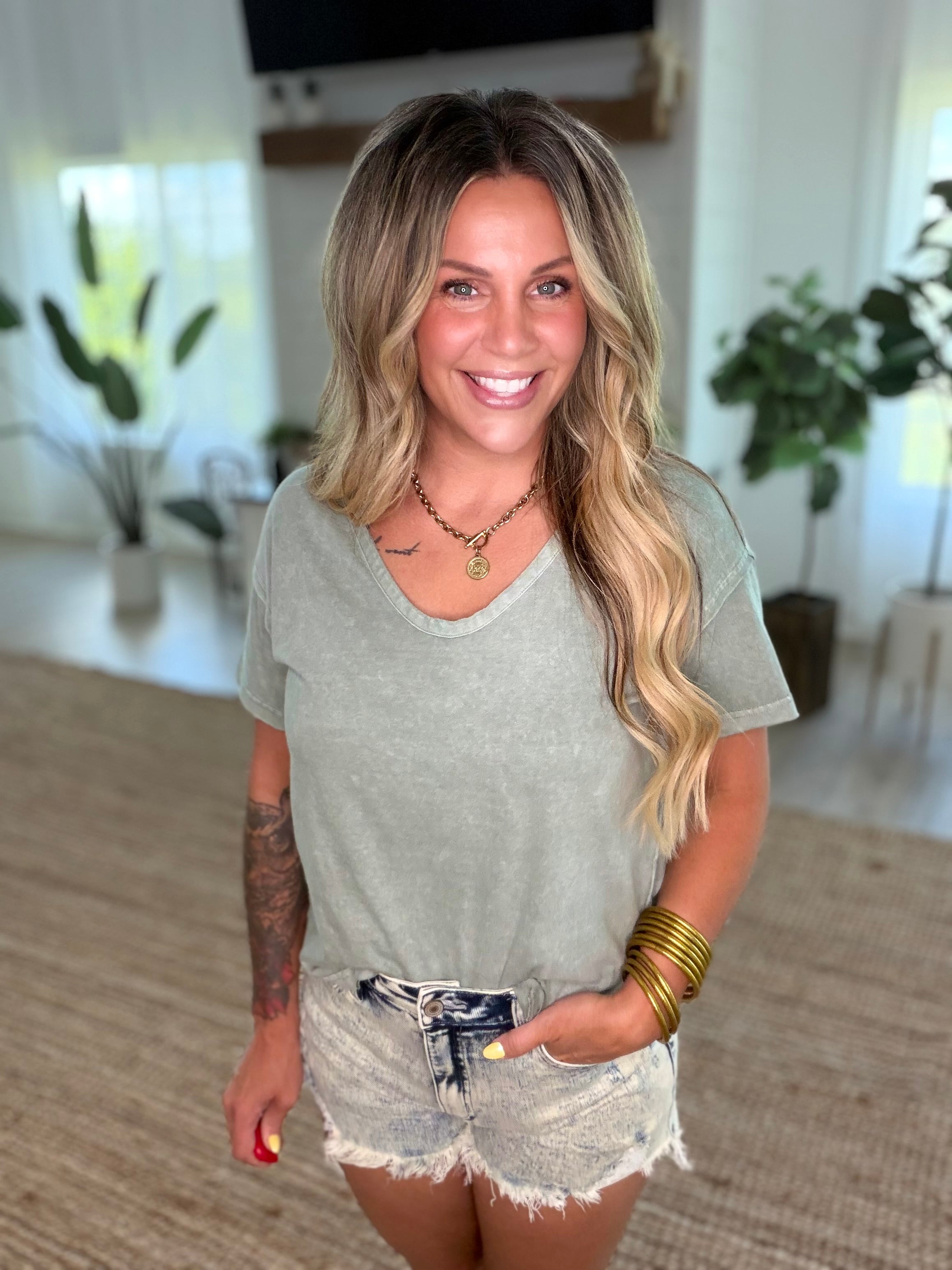Olive Washed Scoop Neck Raw Edge Short Sleeve Top