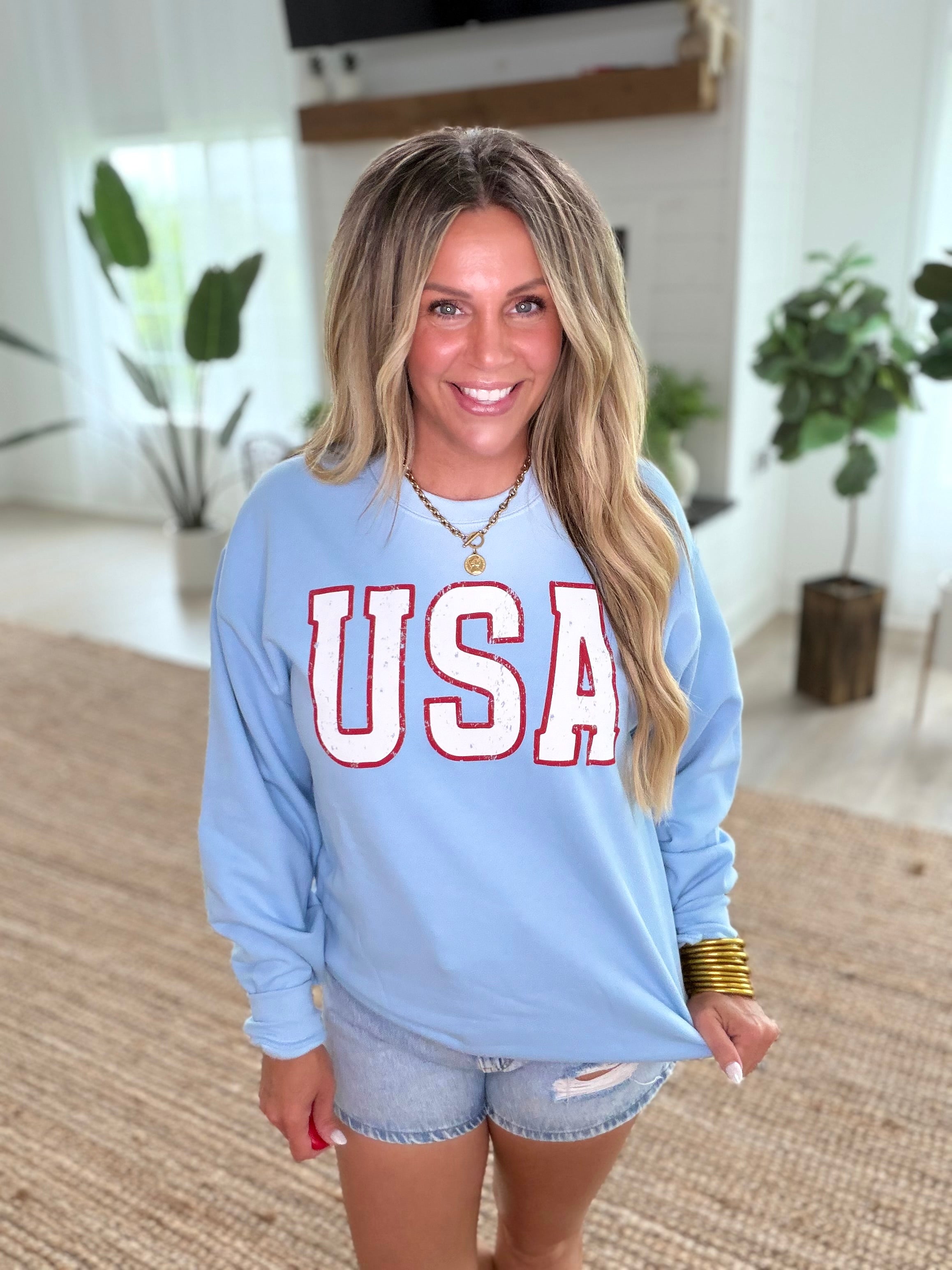 USA Light Blue Vintage Patriotic Graphic Sweatshirt