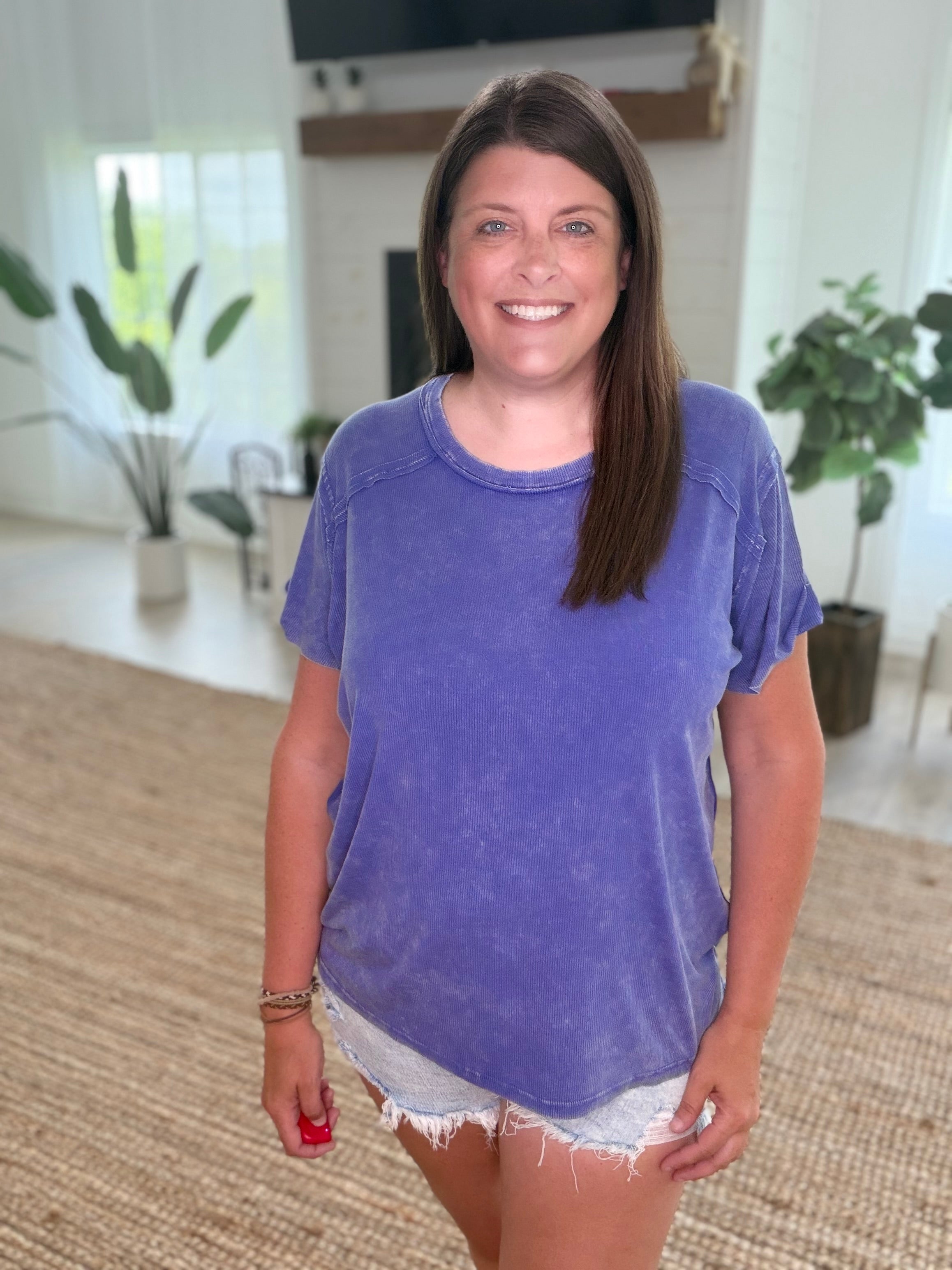 Marlin Ribbed Short Sleeve Boat-Neck Top