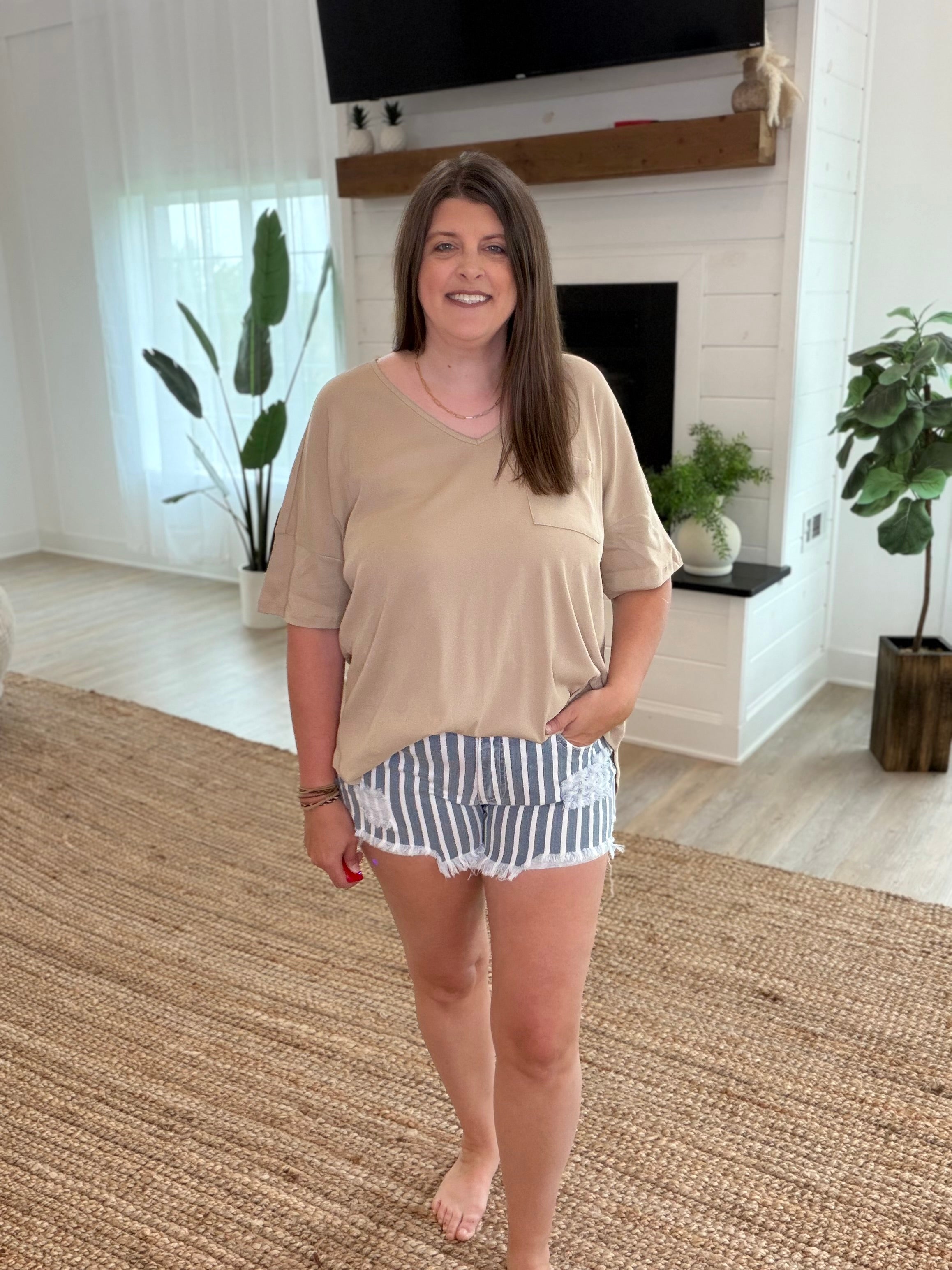Khaki Oversized V-Neck Top