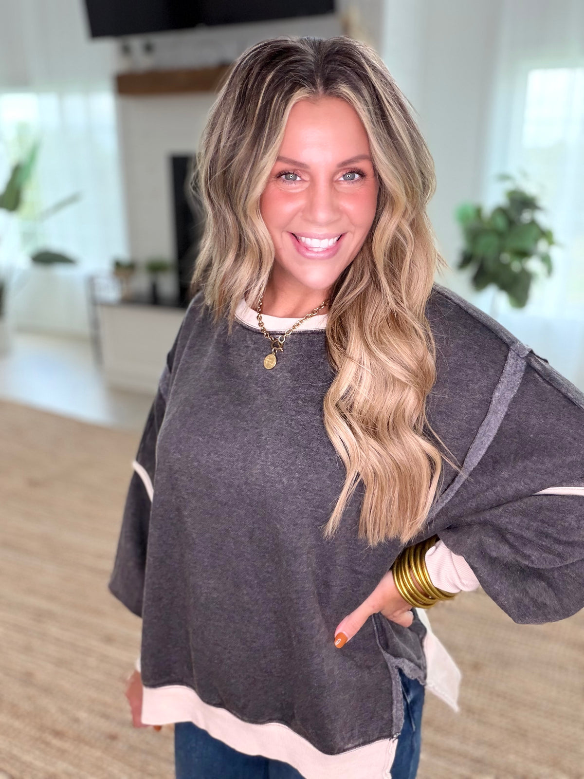 Black Fleece Acid Washed Contrast Trim Balloon Sleeve Sweatshirt