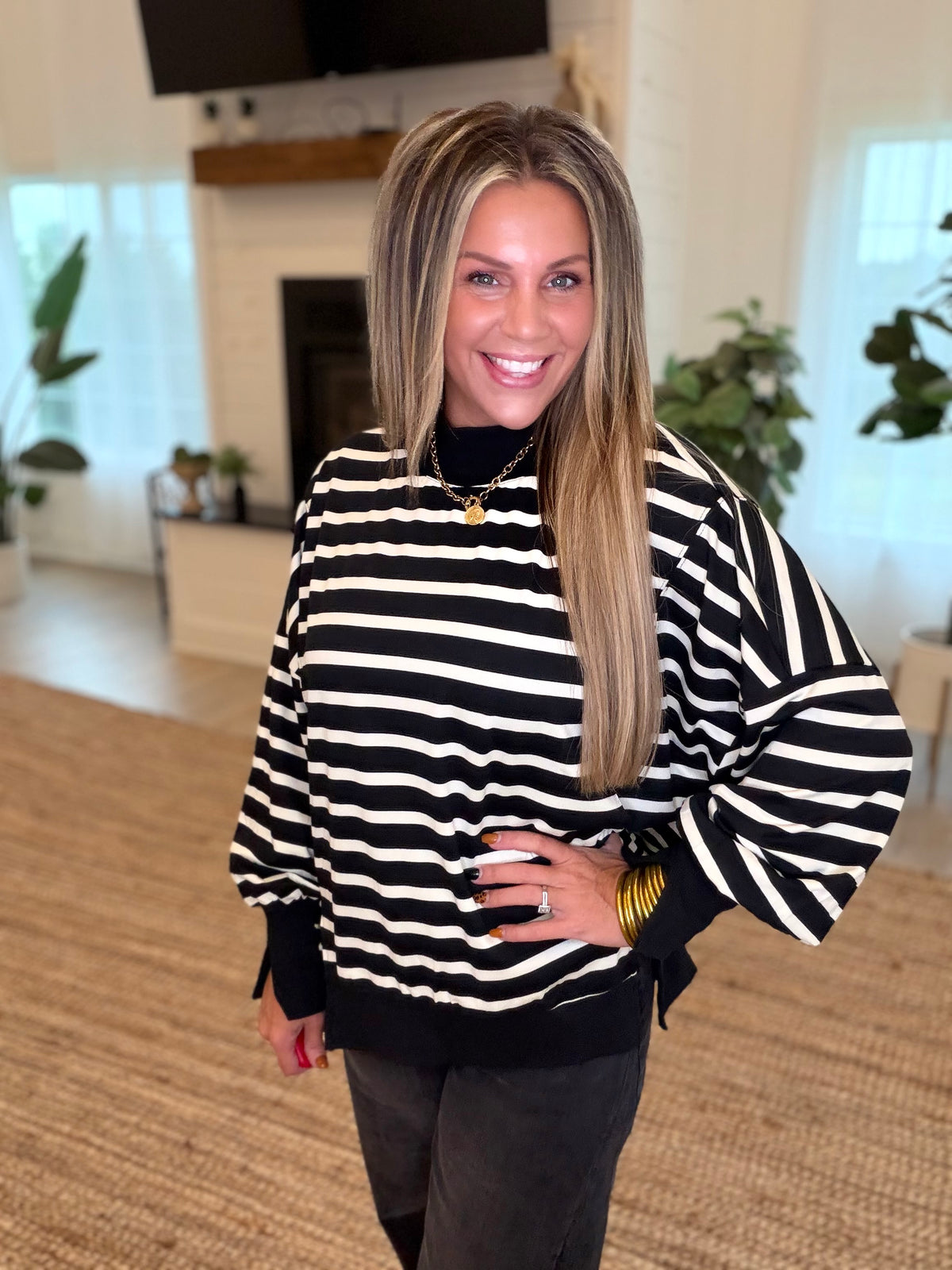 Black and Cream Striped Mock Neck Top