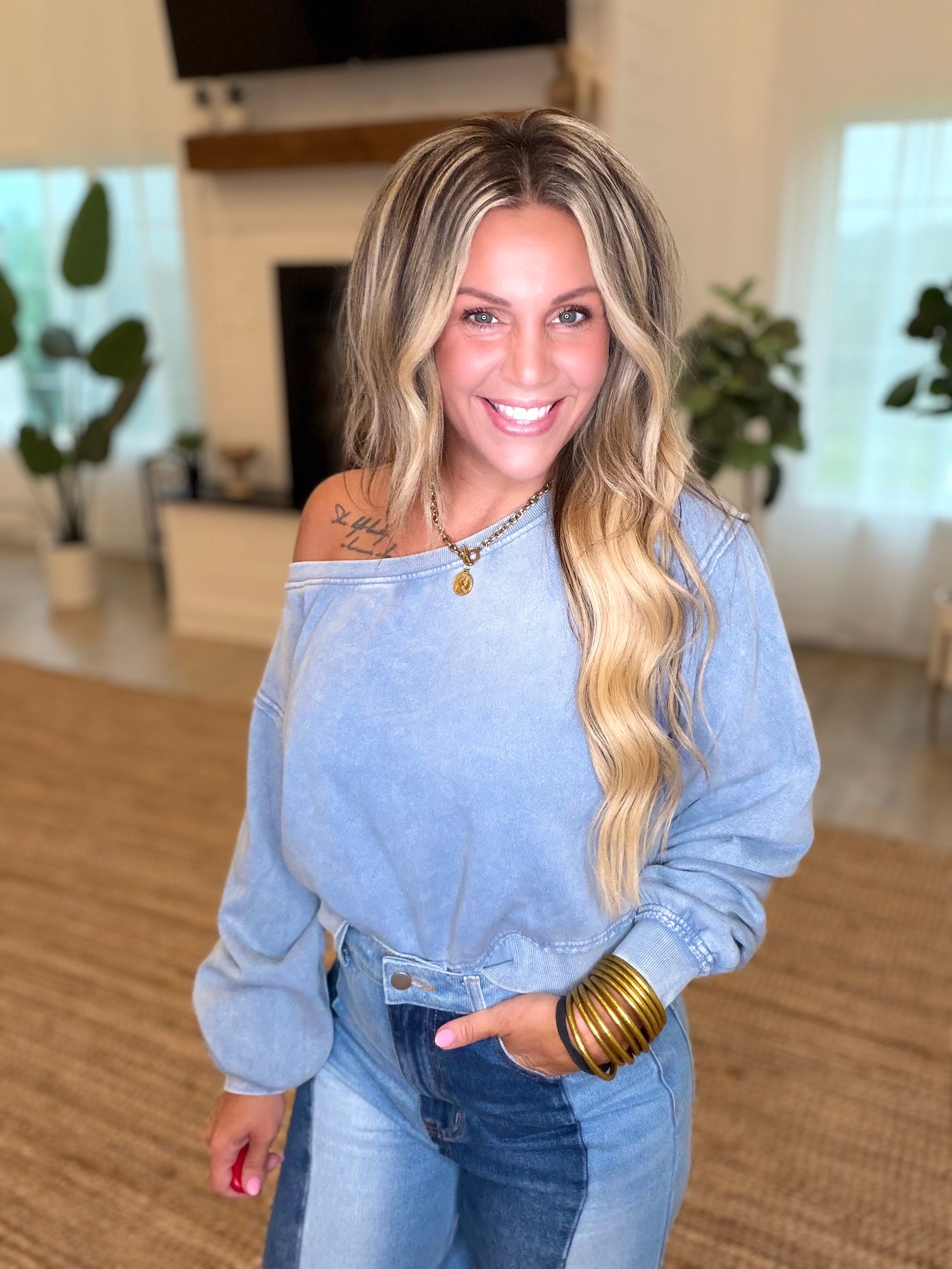 Dusty Blue Raw Edge Acid Wash Off The Shoulder Sweatshirt