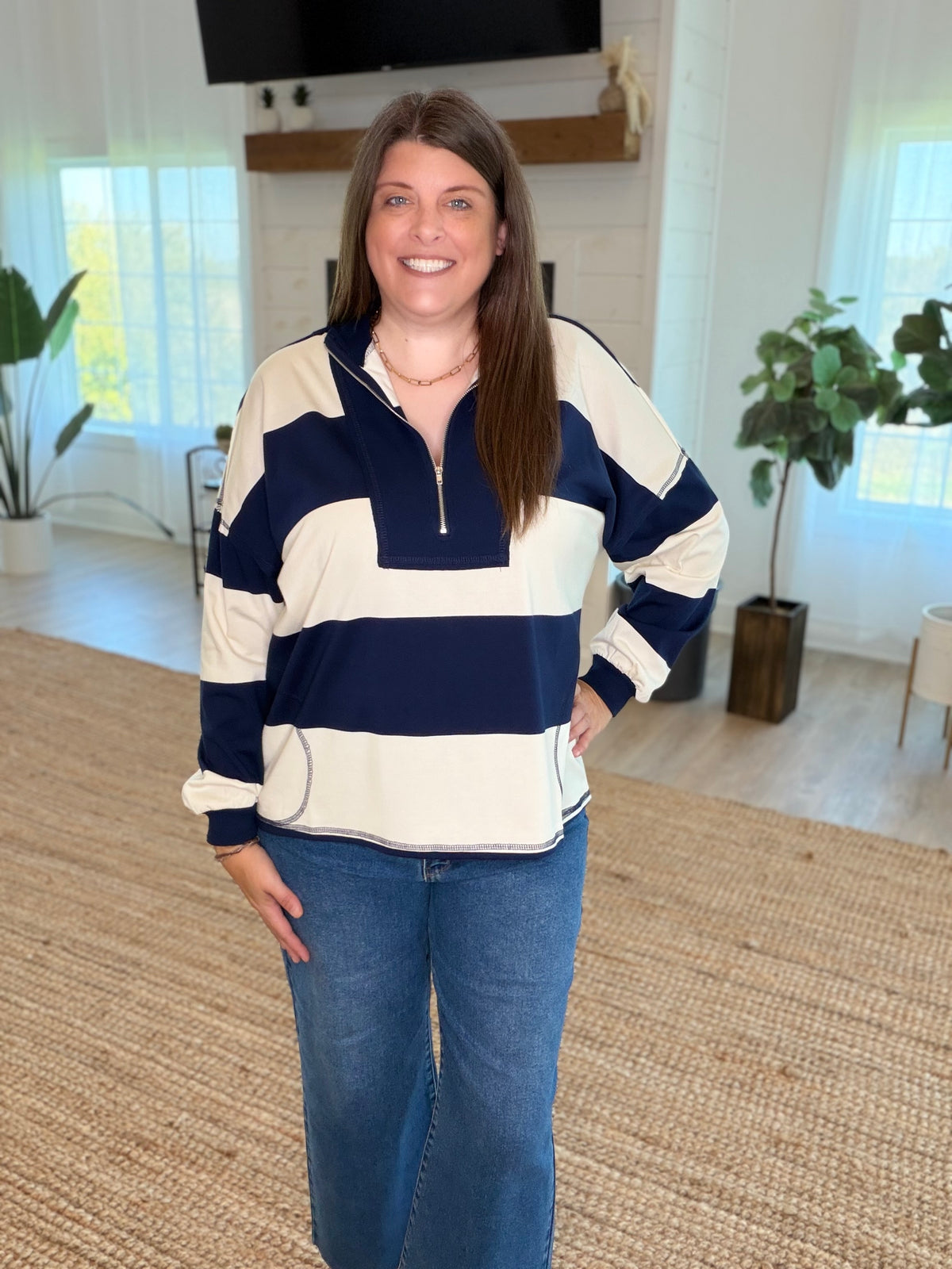 Navy Wide Stripe Half Zip Top