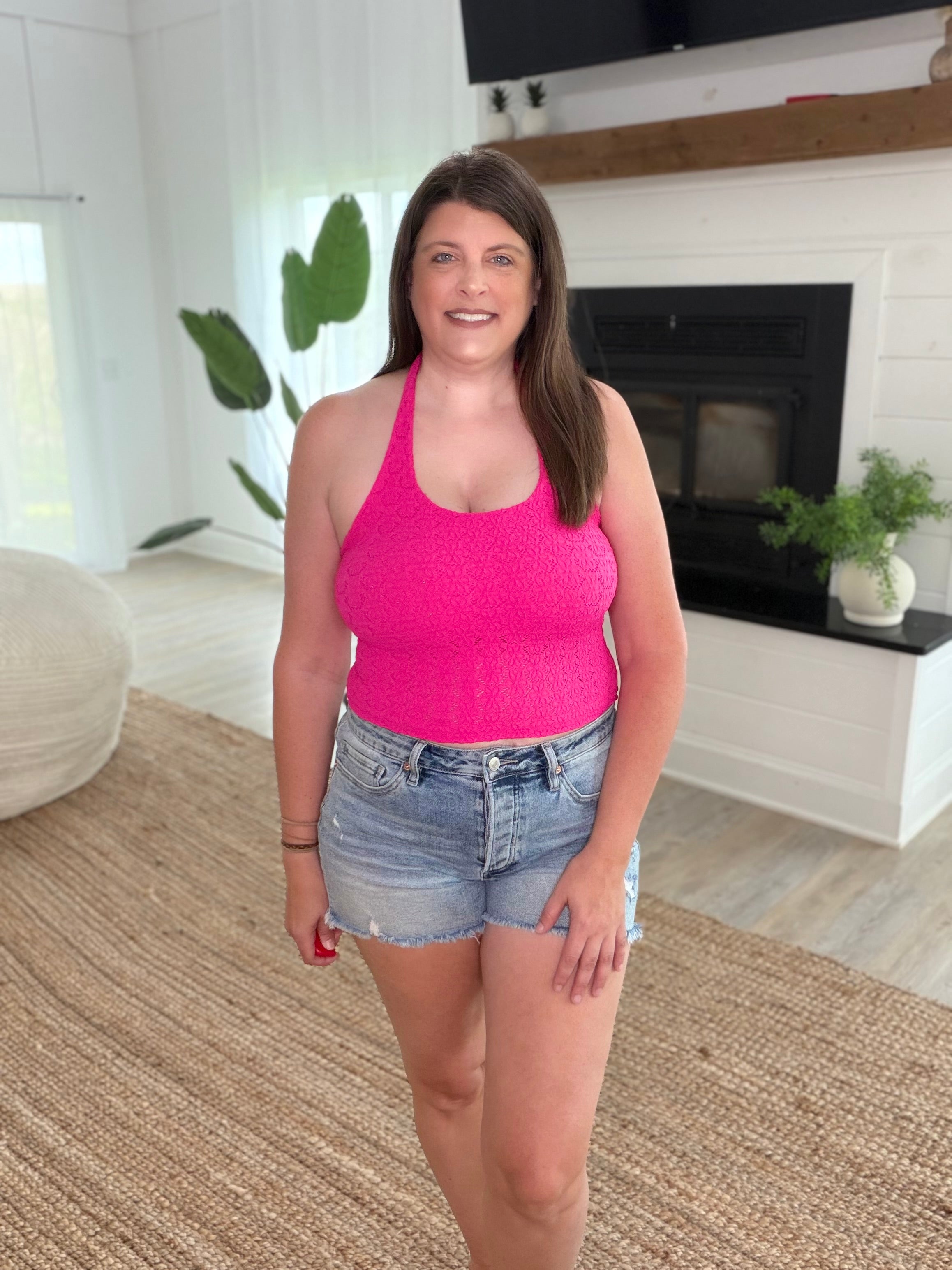 Nikibiki Aloha Fuchsia Floral Lace Halter Crop Top