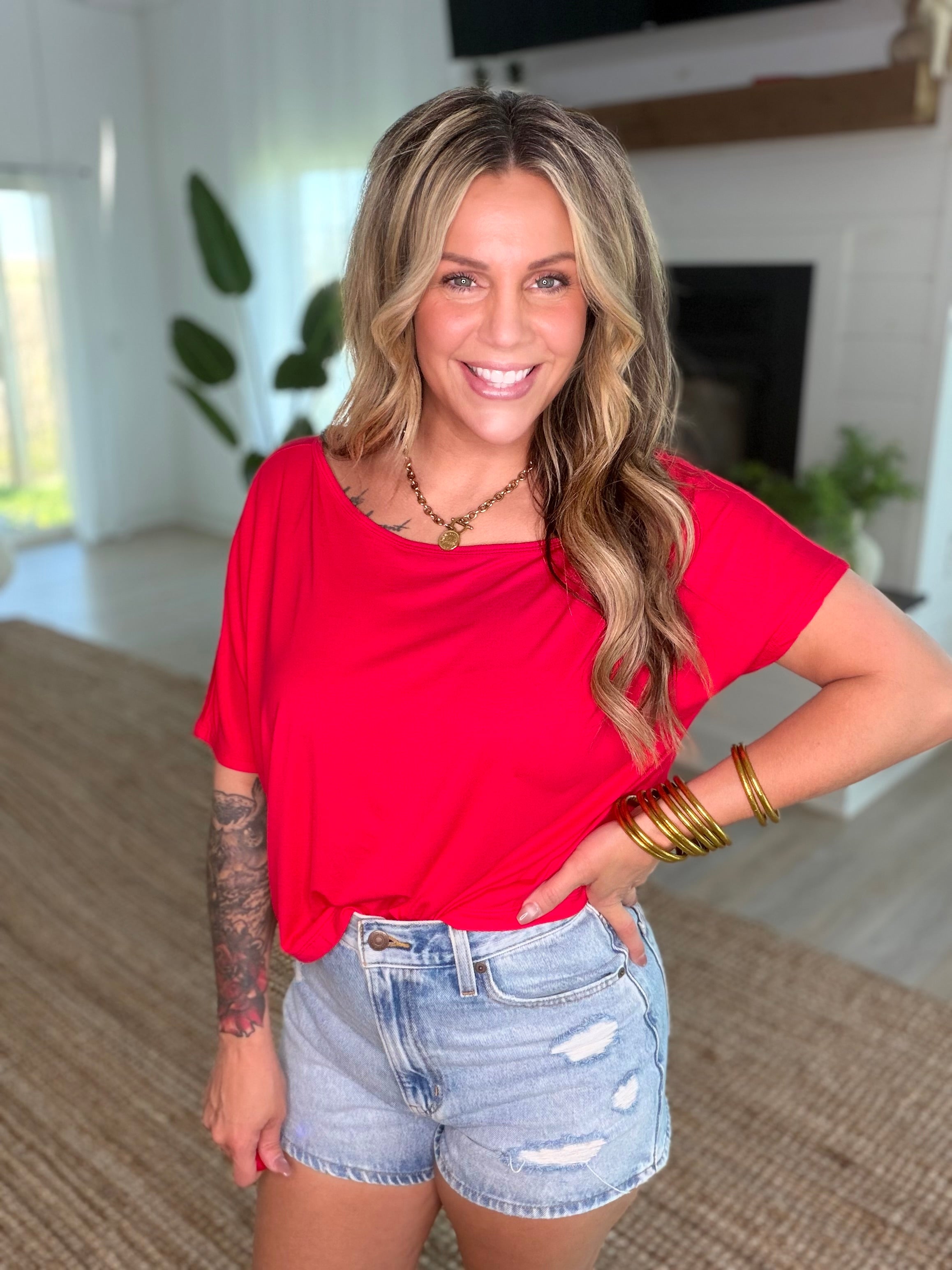 Red Viscose Modal Off Shoulder Shirt