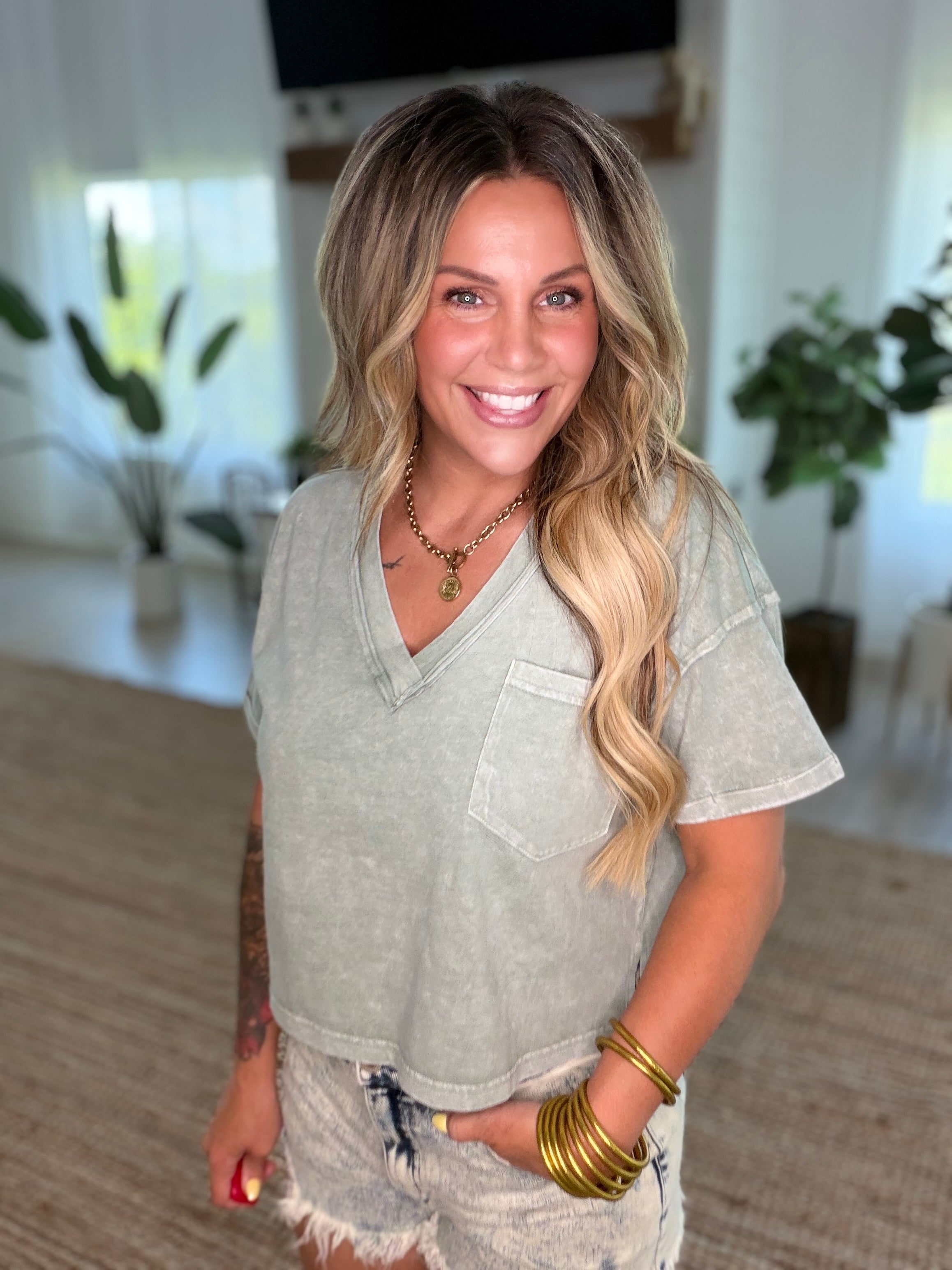 Olive Washed Exposed Seam V Neck Top