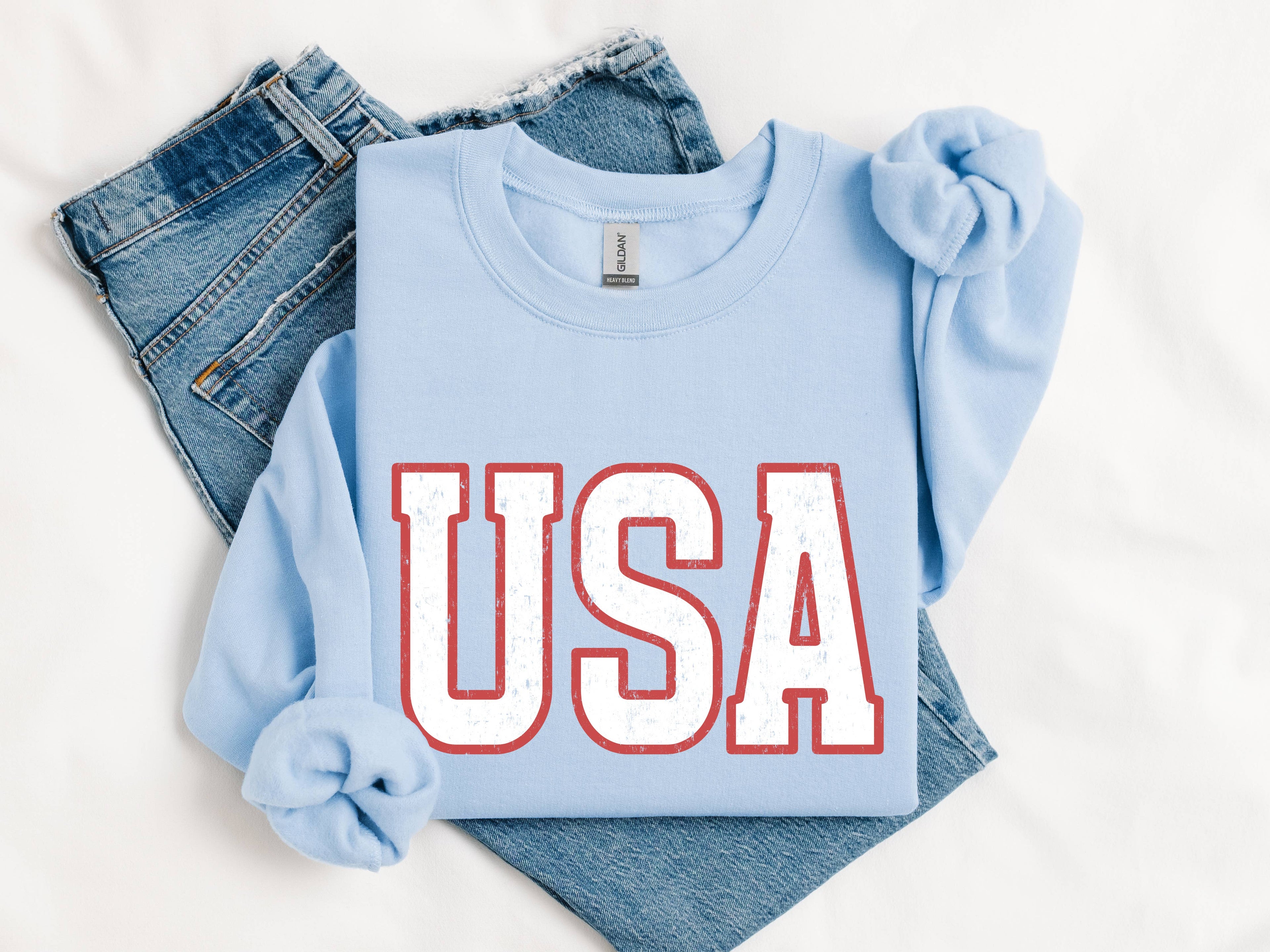 USA Light Blue Vintage Patriotic Graphic Sweatshirt