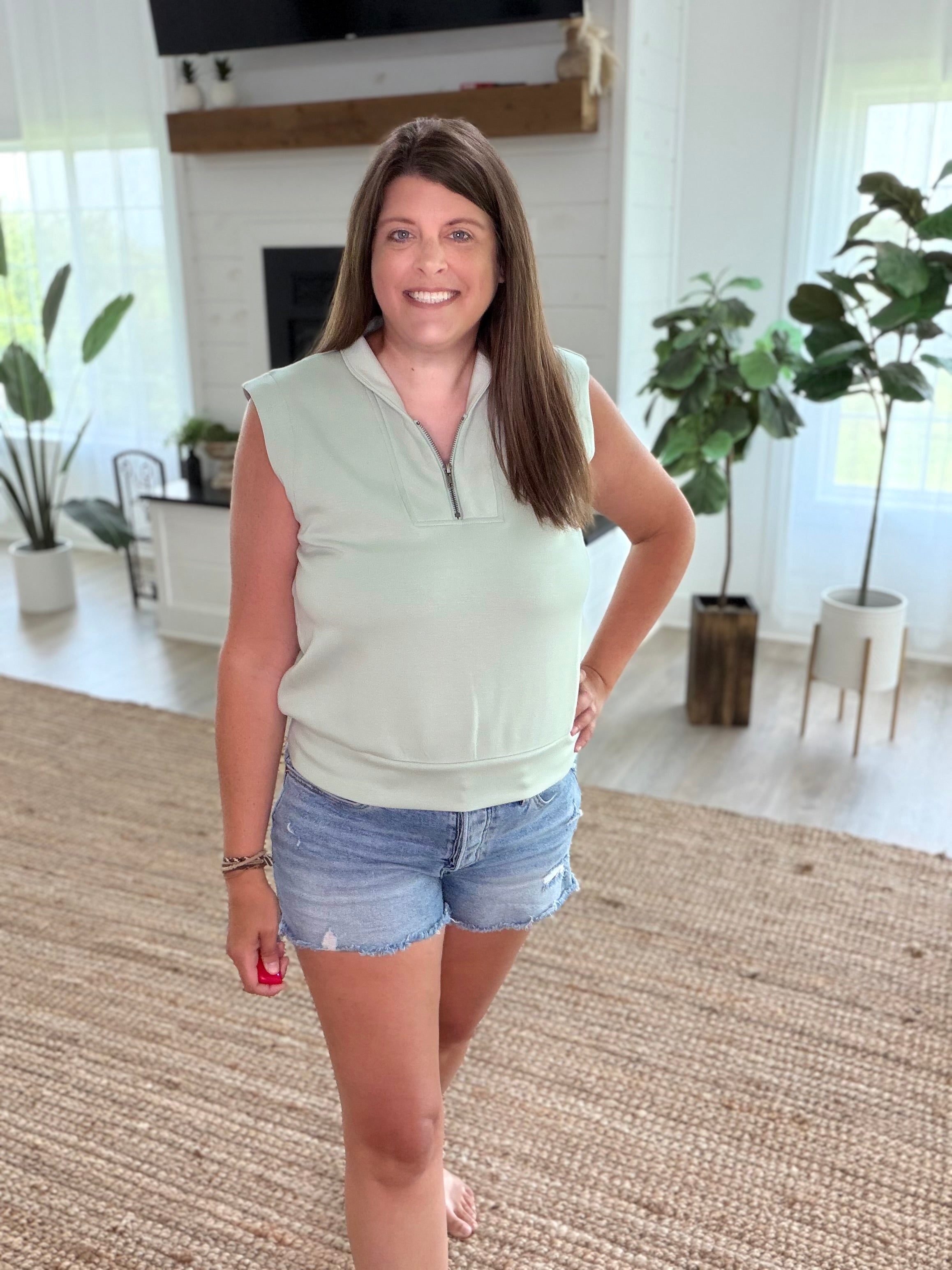 Sage Brushed Modal Half Zip Sleeveless Top
