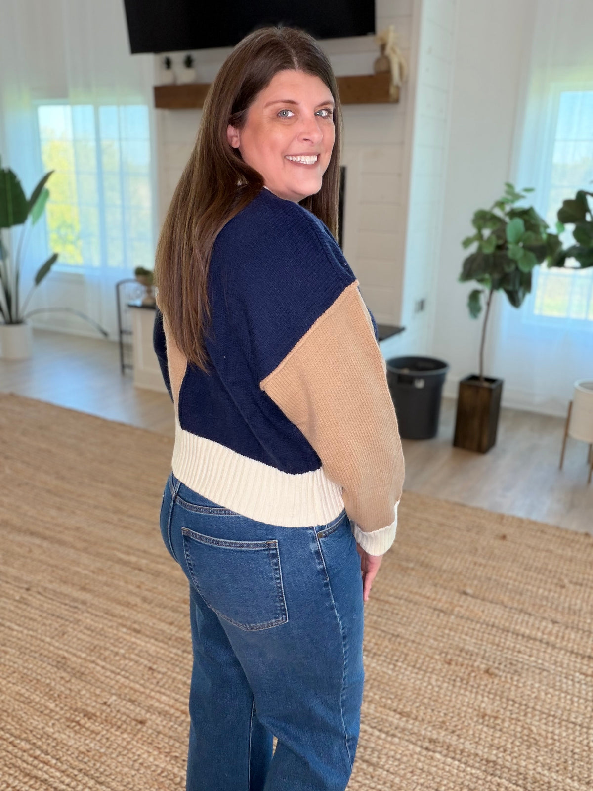 Navy Color Block Mock Neck Sweater