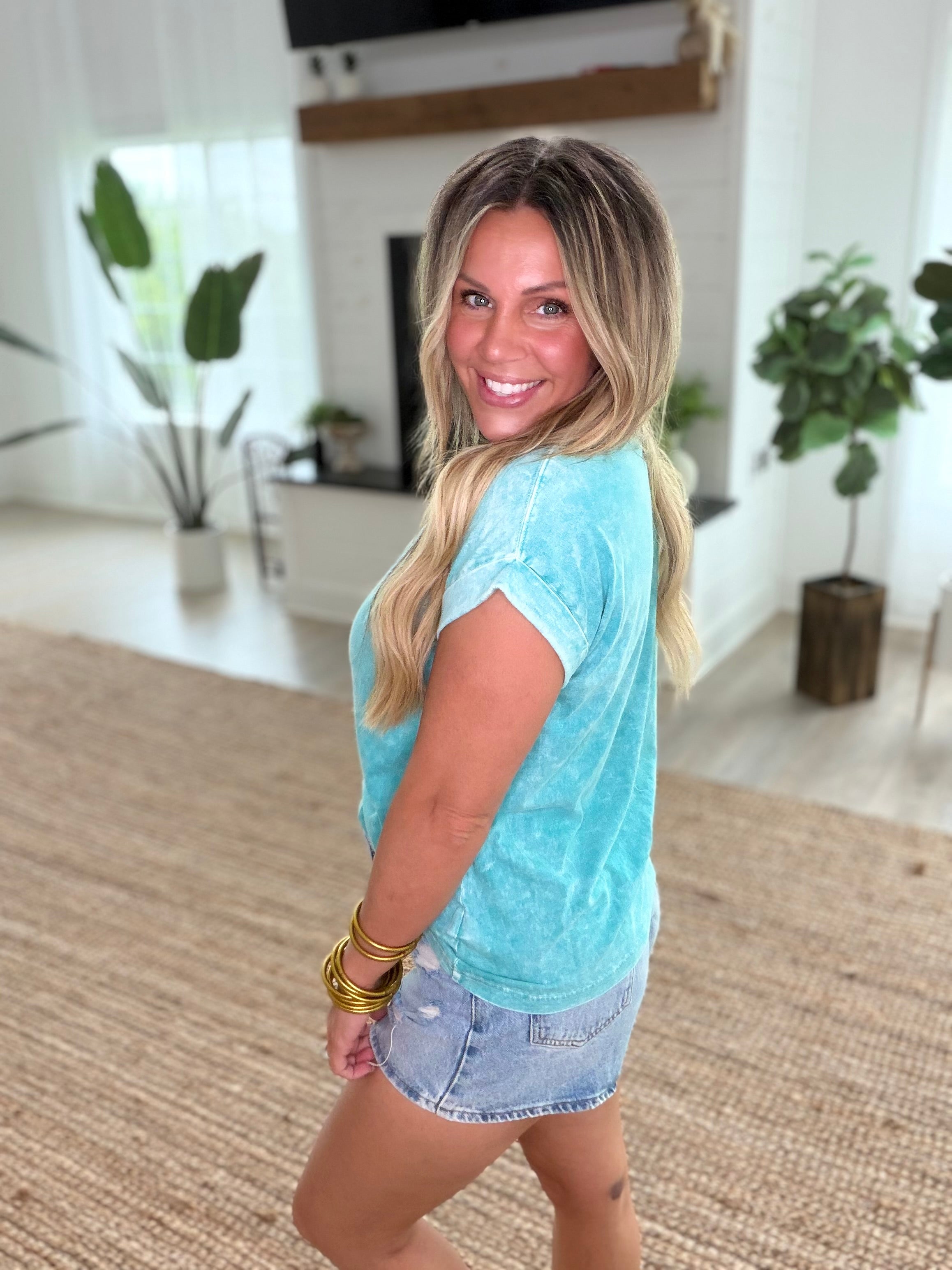 Turquoise Halo Washed Cuffed Short Sleeve Tee