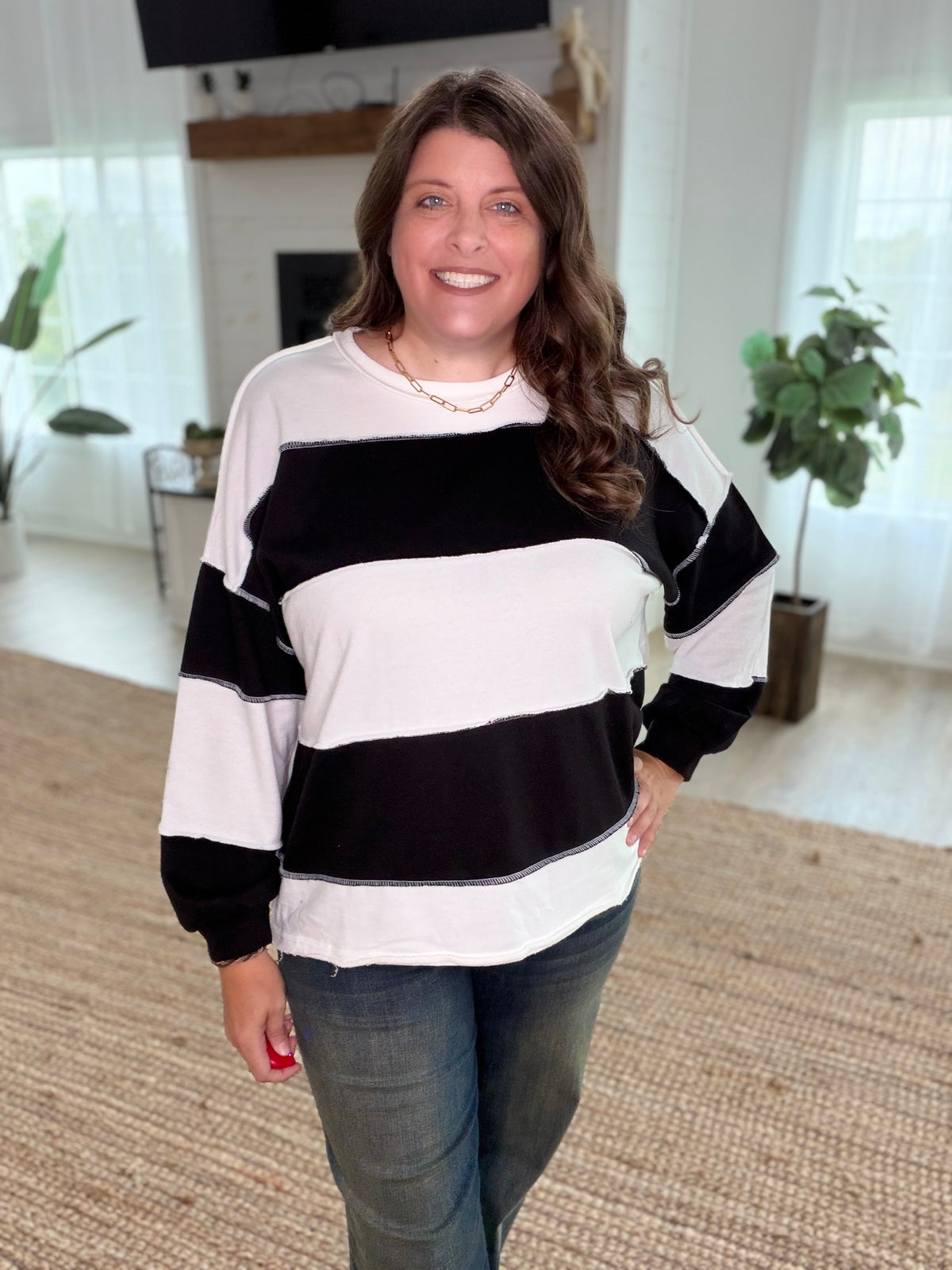 Black French Terry Color Block Exposed Seam Top