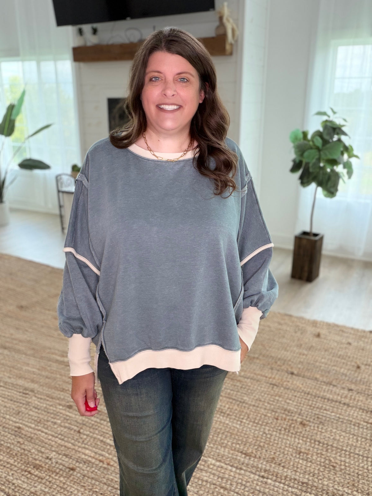 Ash Jade Fleece Acid Washed Contrast Trim Balloon Sleeve Sweatshirt