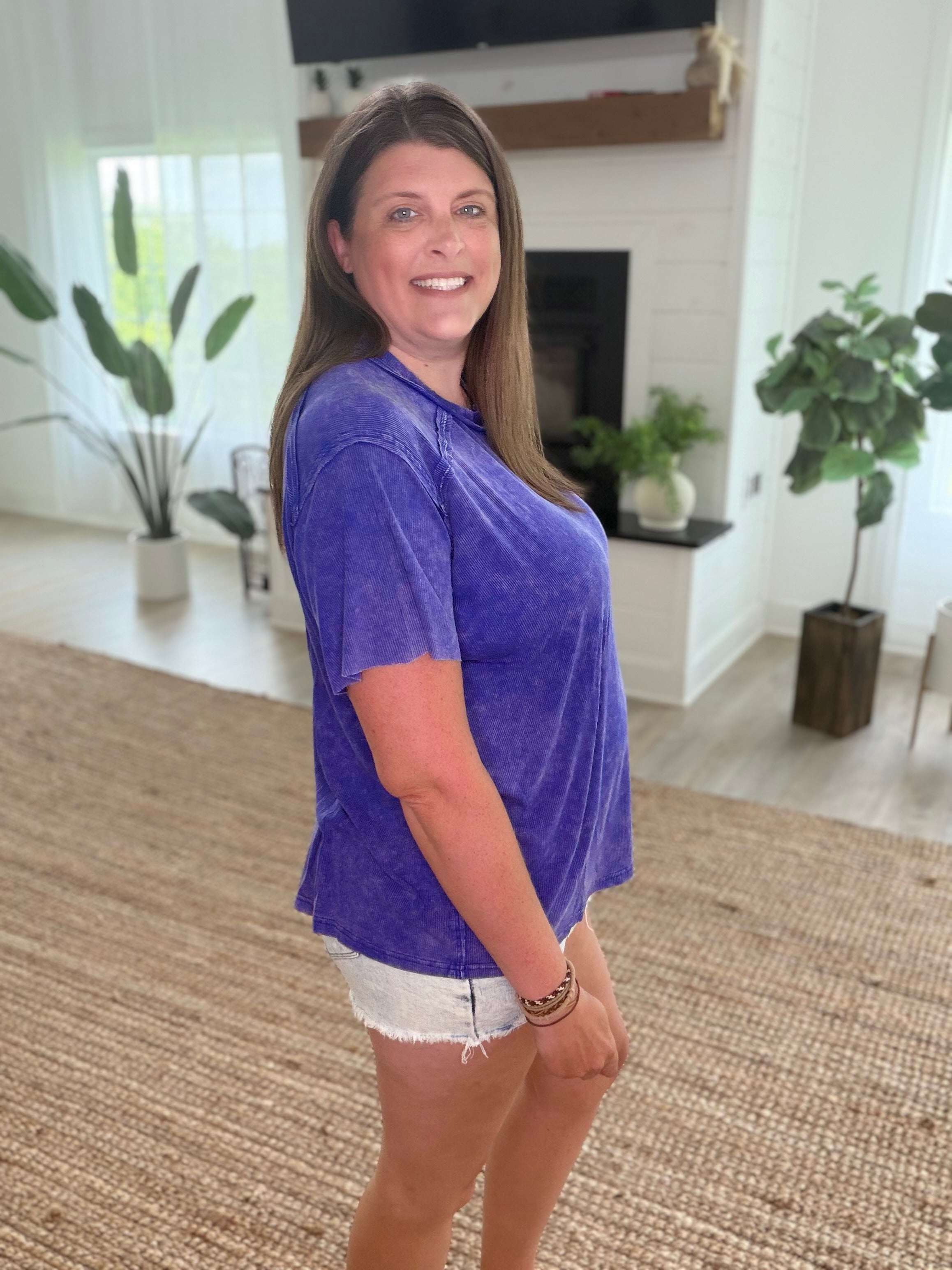 Purple Ribbed Short Sleeve Boat-Neck Top