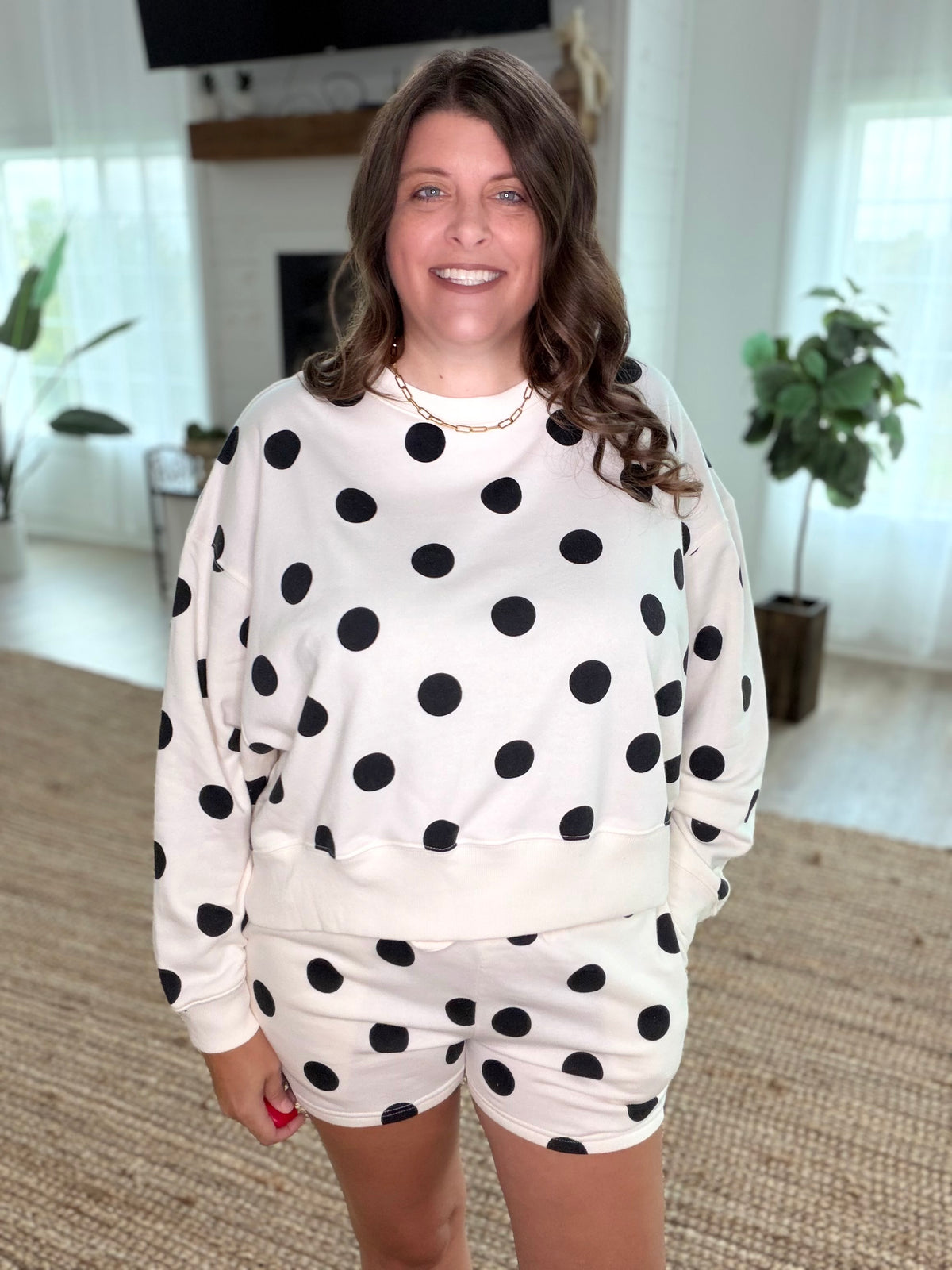 Cream and Black Fleece Polka Dot Print Round Neck Pullover and Shorts Set