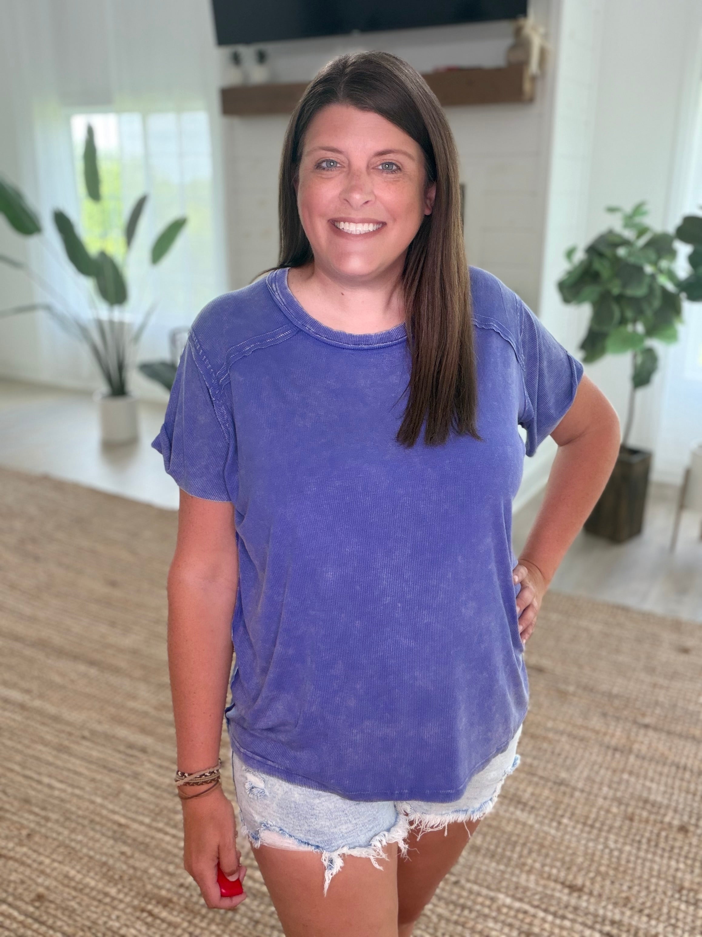 Marlin Ribbed Short Sleeve Boat-Neck Top