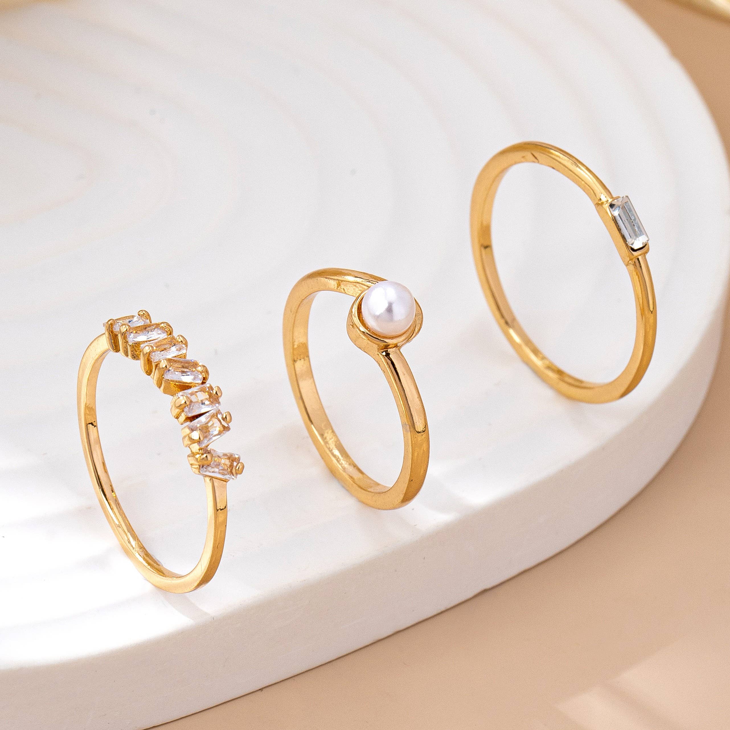 Pearl & Crystal Delicate Gold Ring Trio