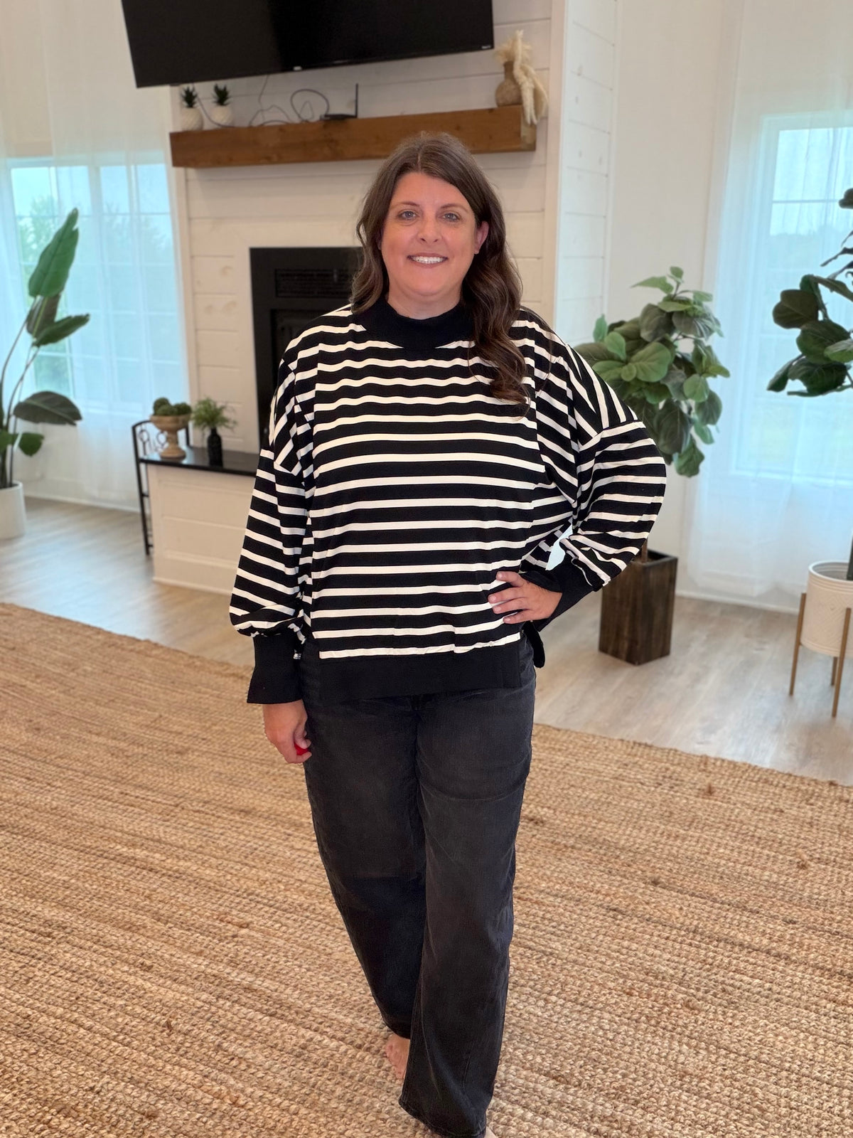 Black and Cream Striped Mock Neck Top