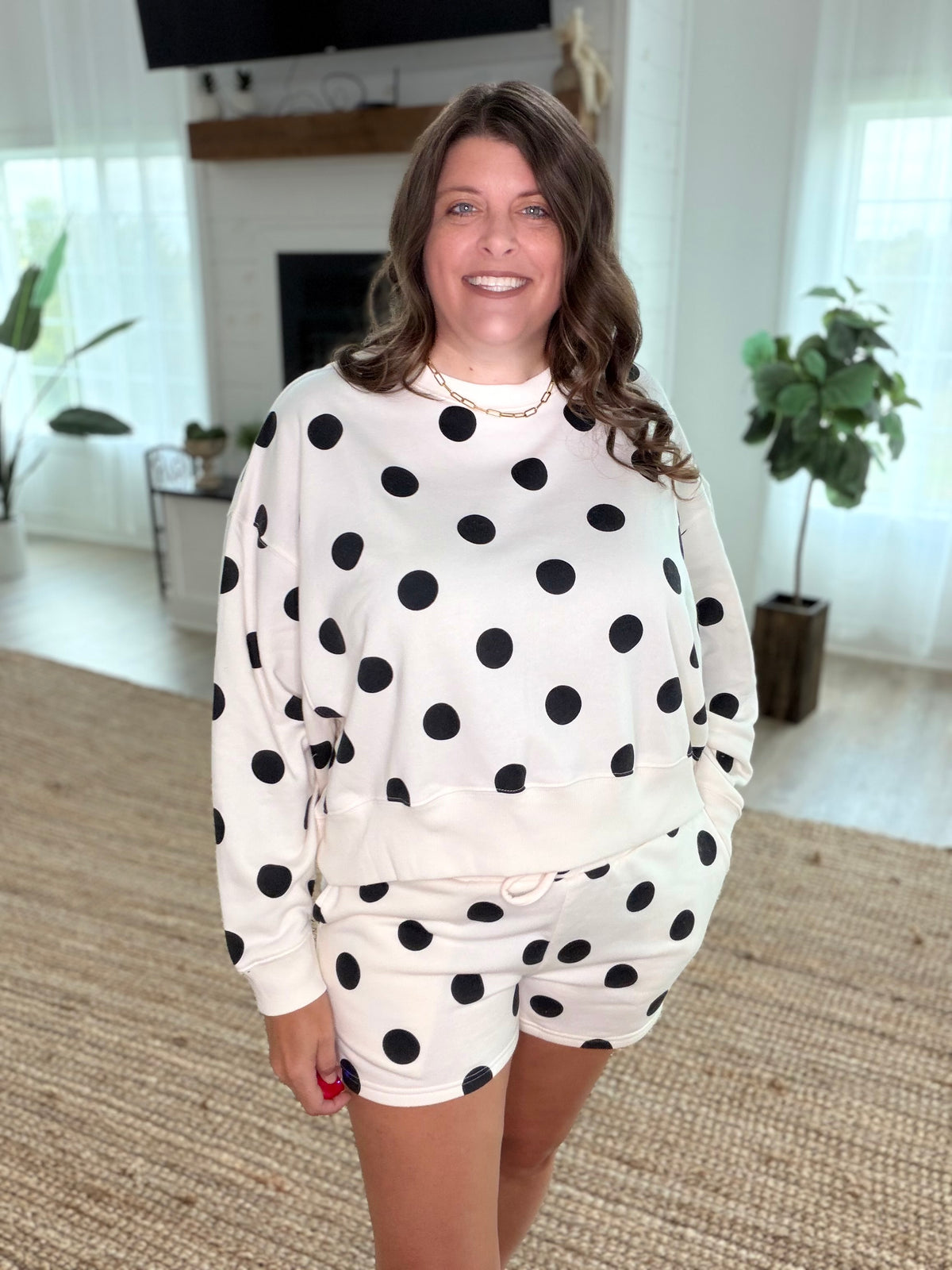 Cream and Black Fleece Polka Dot Print Round Neck Pullover and Shorts Set