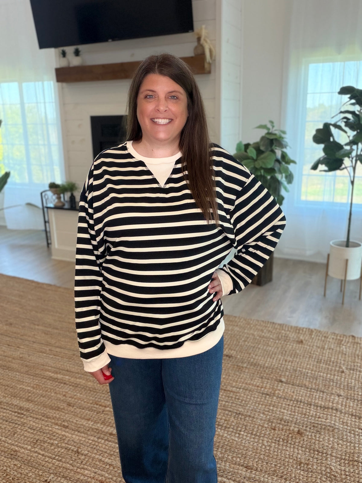 Black and Cream Striped Long Sleeve Pullover