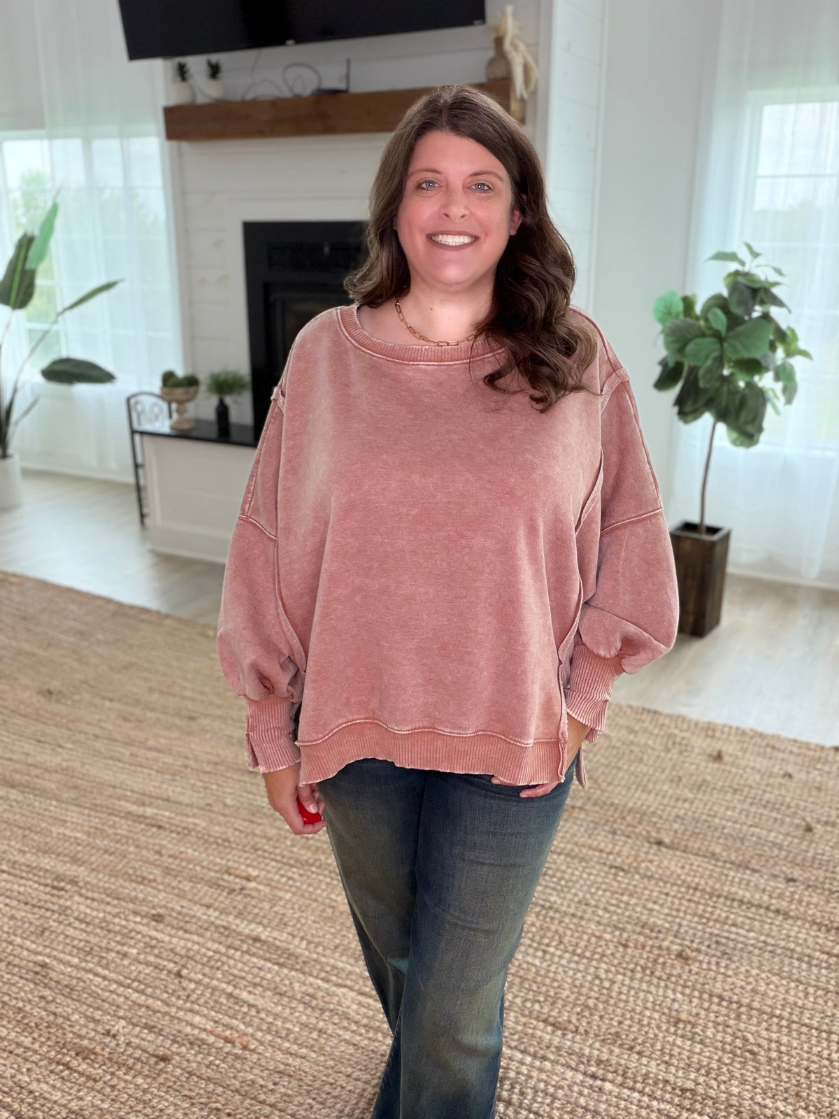Rust Acid Washed Batwing Sleeve Hi-Low Fleece Sweatshirt