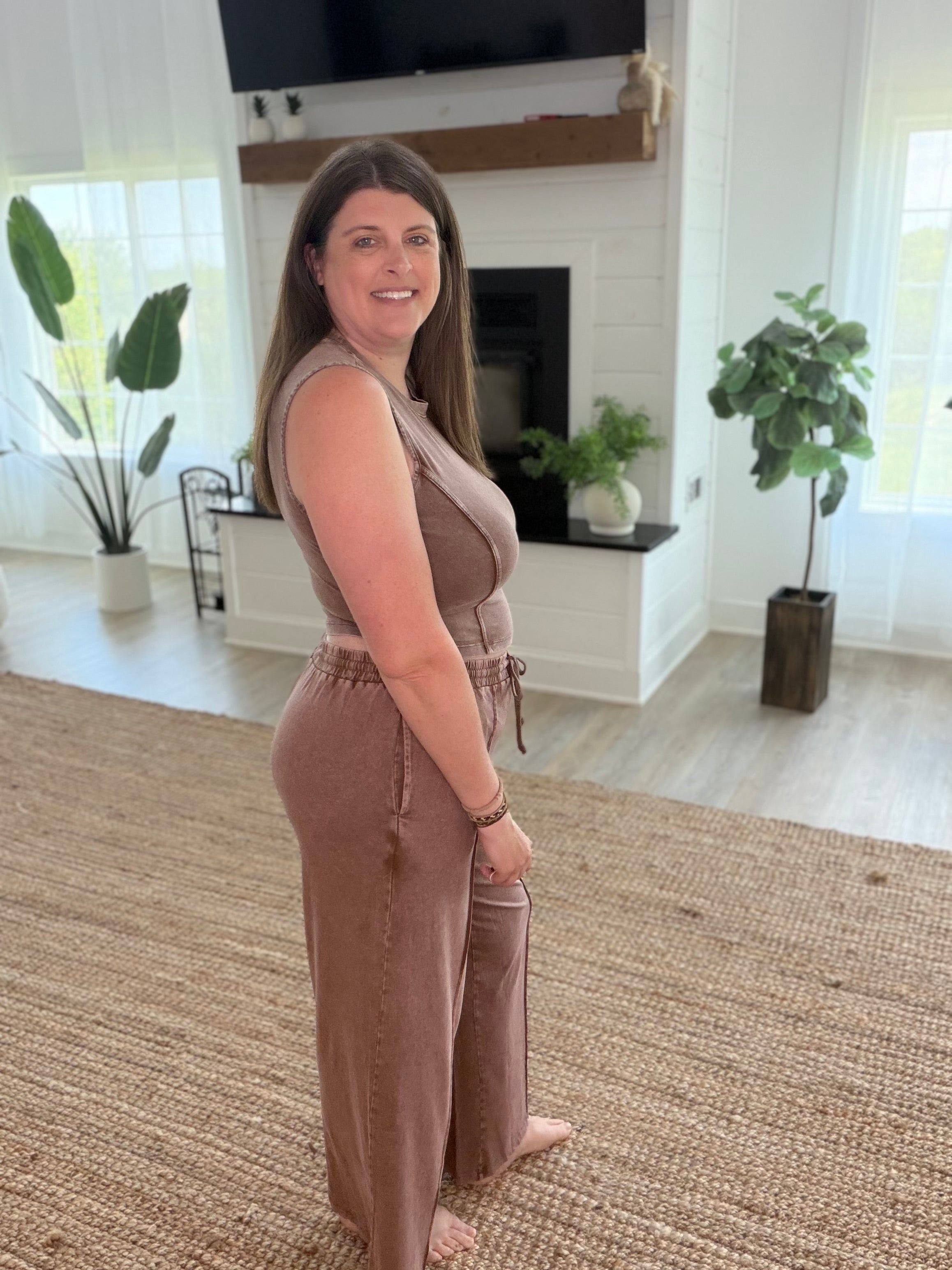 Chocolate Mineral Washed Sleeveless Top & Wide Leg Pants Set