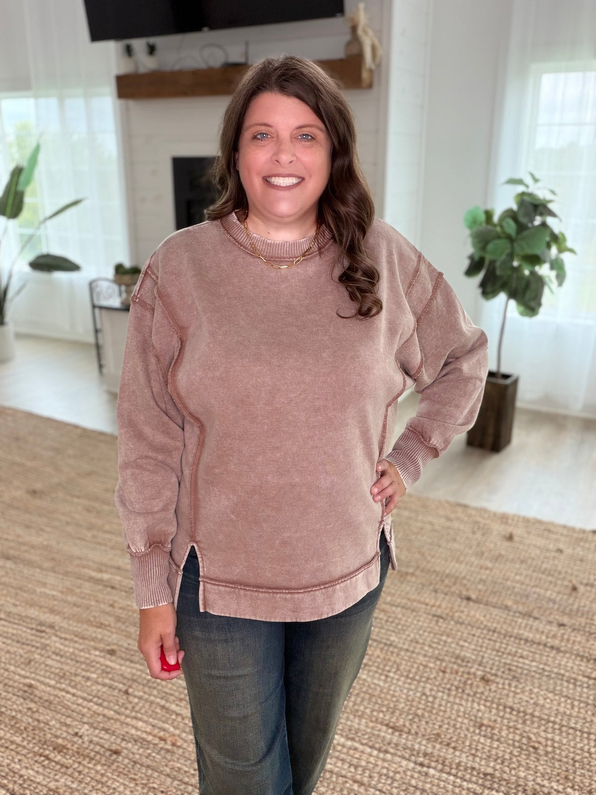 Mocha Fudge Acid Wash Exposed-Seam Fleece Sweatshirt