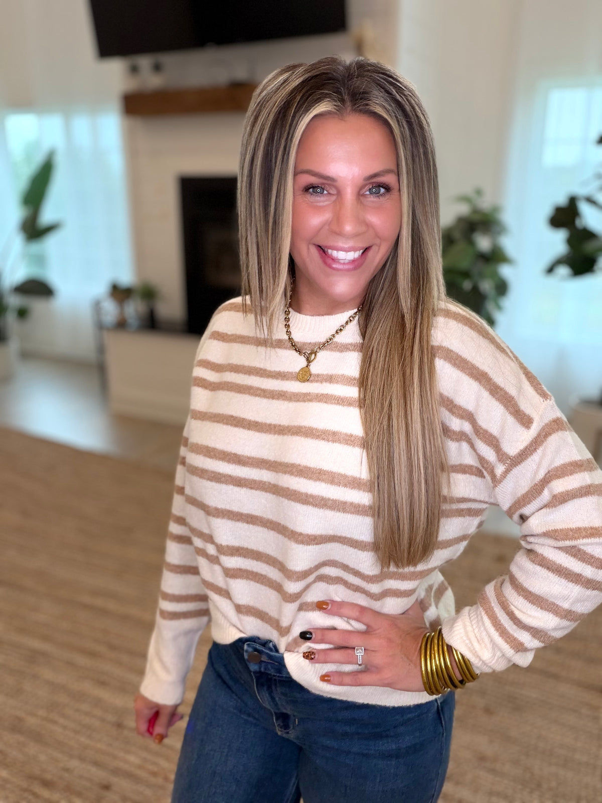Taupe Striped Crew Neck Sweater