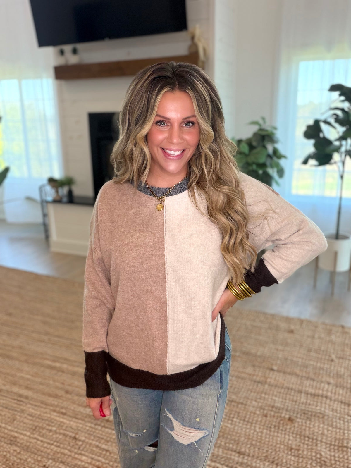Brown Colorblock Crew Neck Sweater