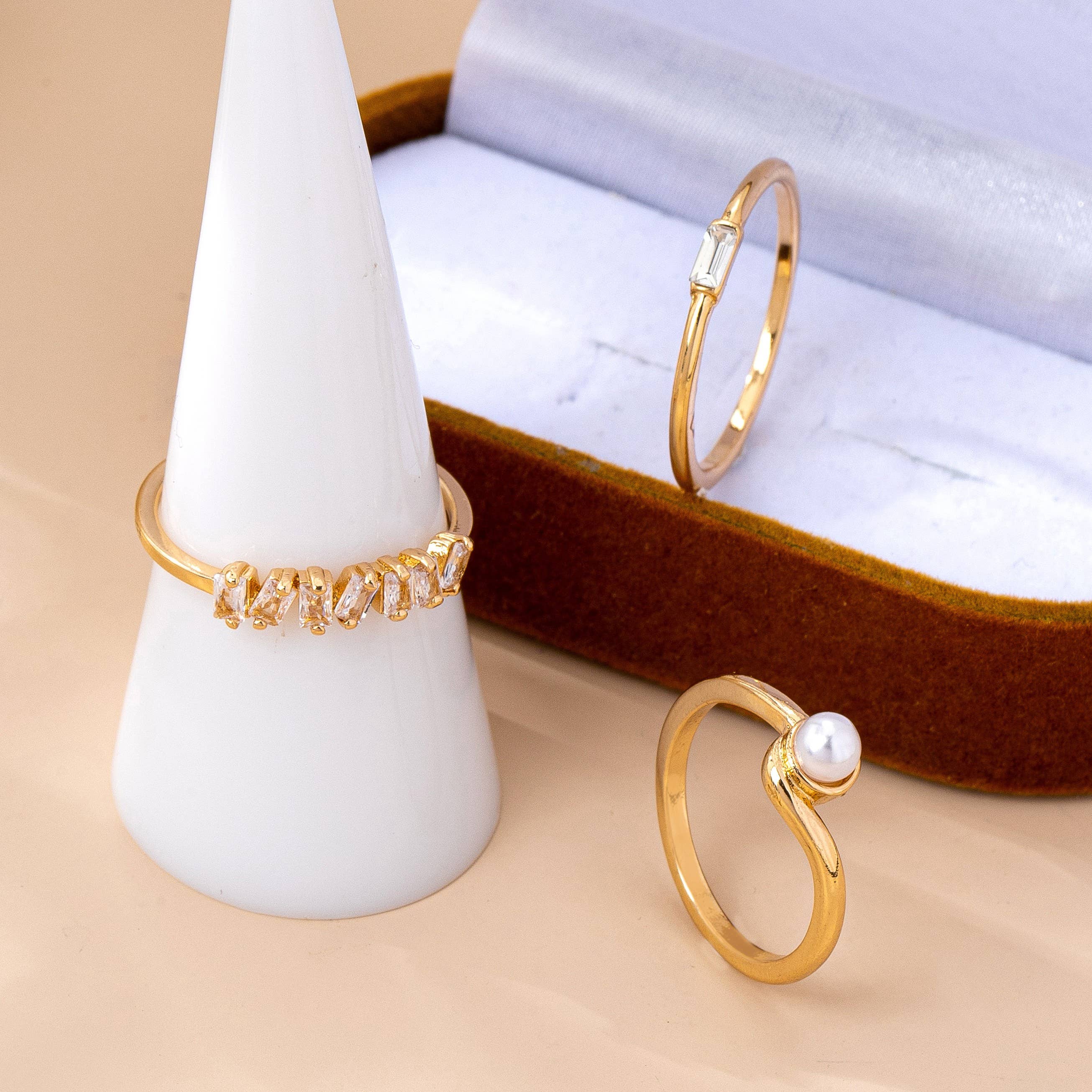 Pearl & Crystal Delicate Gold Ring Trio