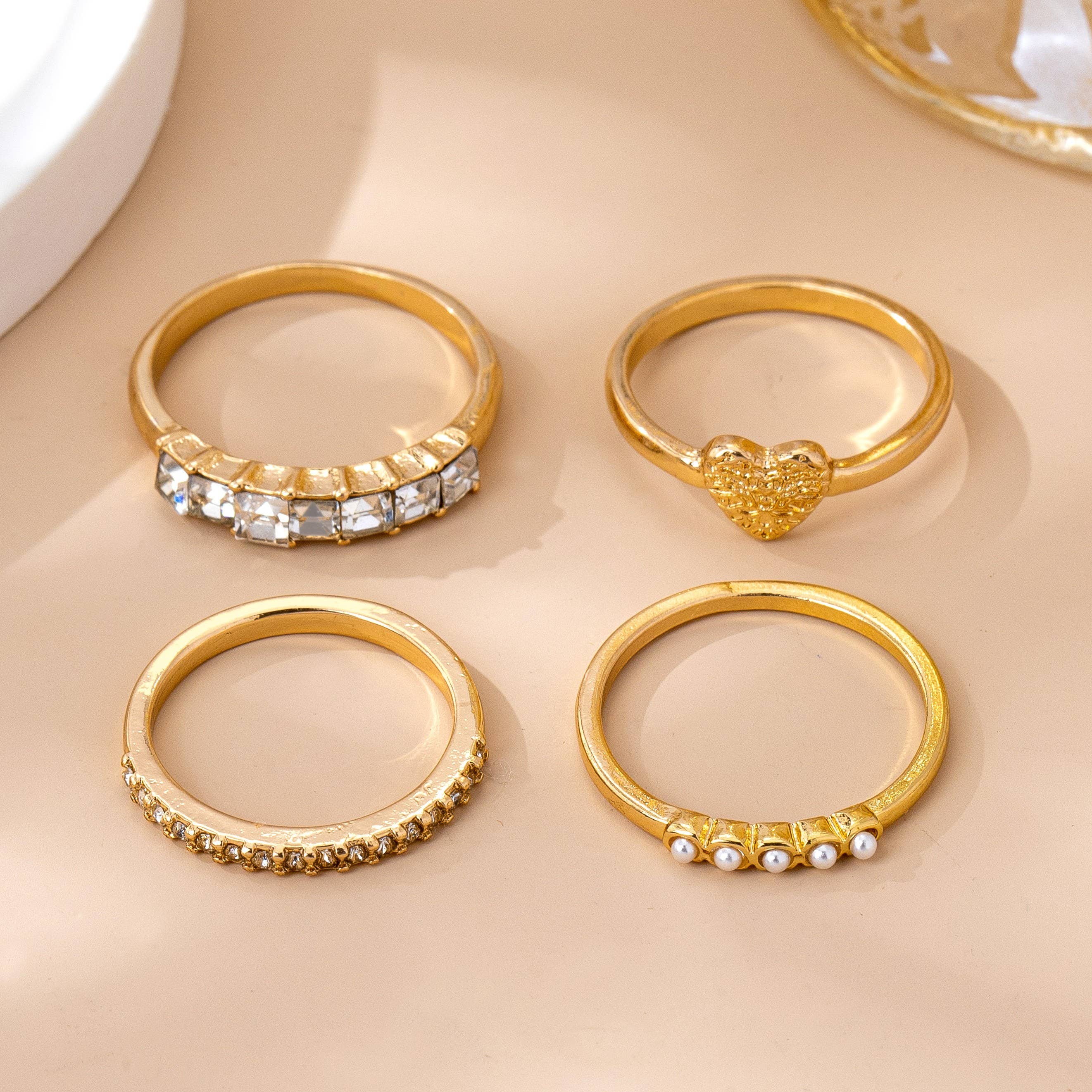 Gold-Tone Mixed Crystal & Pearl Stacking Ring Set