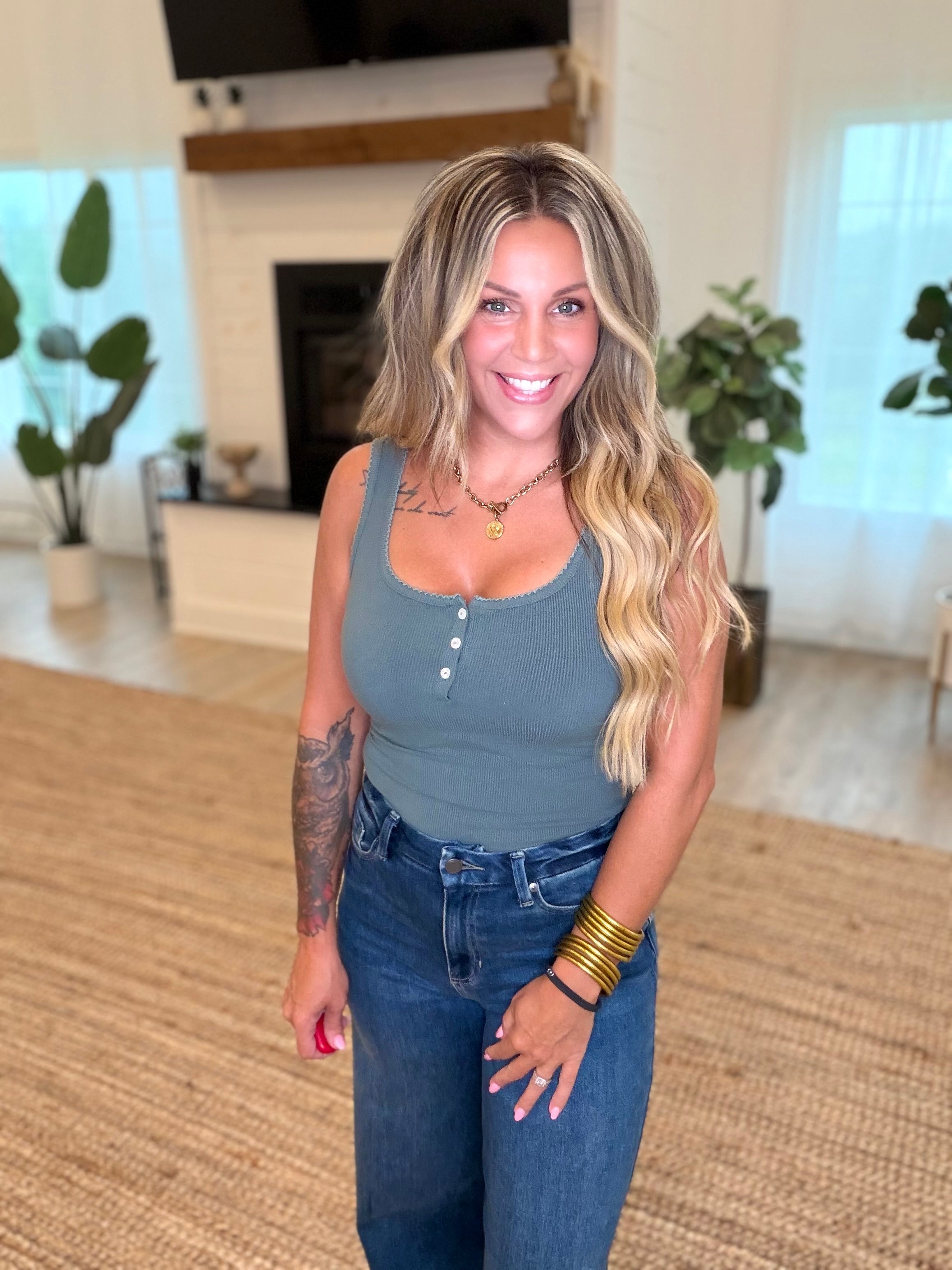 Smokey Olive Ribbed Scoop Neck Button Front Tank Top