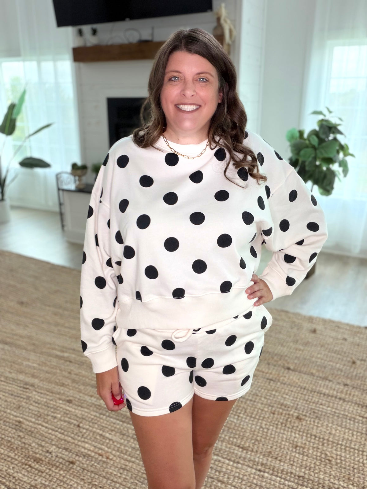 Cream and Black Fleece Polka Dot Print Round Neck Pullover and Shorts Set