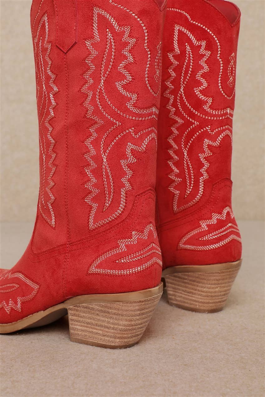 Red Western Embroidery Sleek Pointed Toe Cowboy Boots