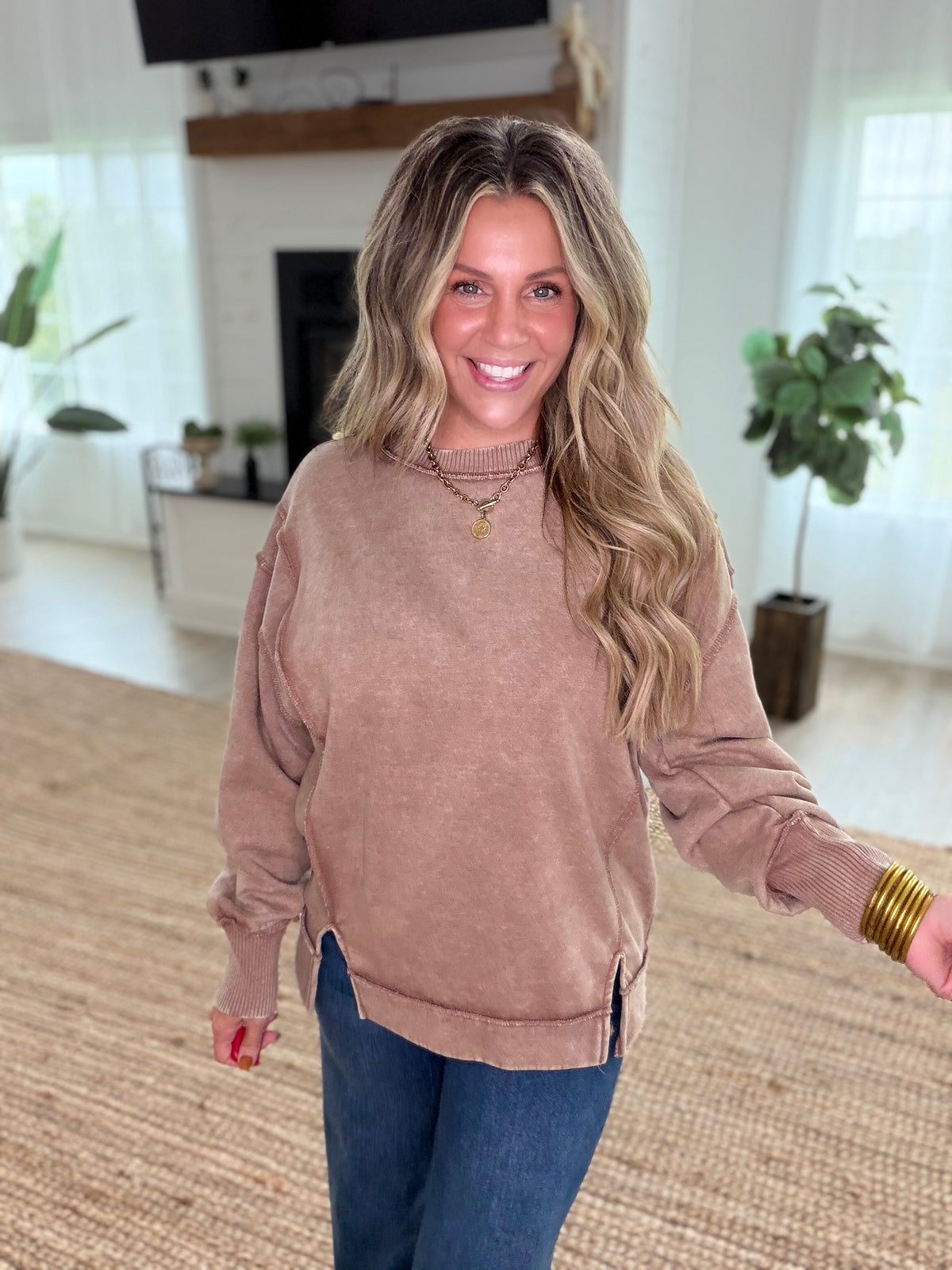 Mocha Fudge Acid Wash Exposed-Seam Fleece Sweatshirt