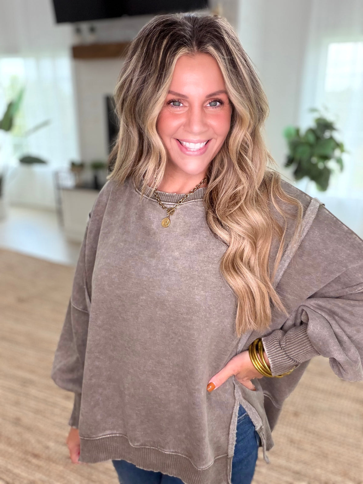 Dark Olive Acid Washed Batwing Sleeve Hi-Low Fleece Sweatshirt