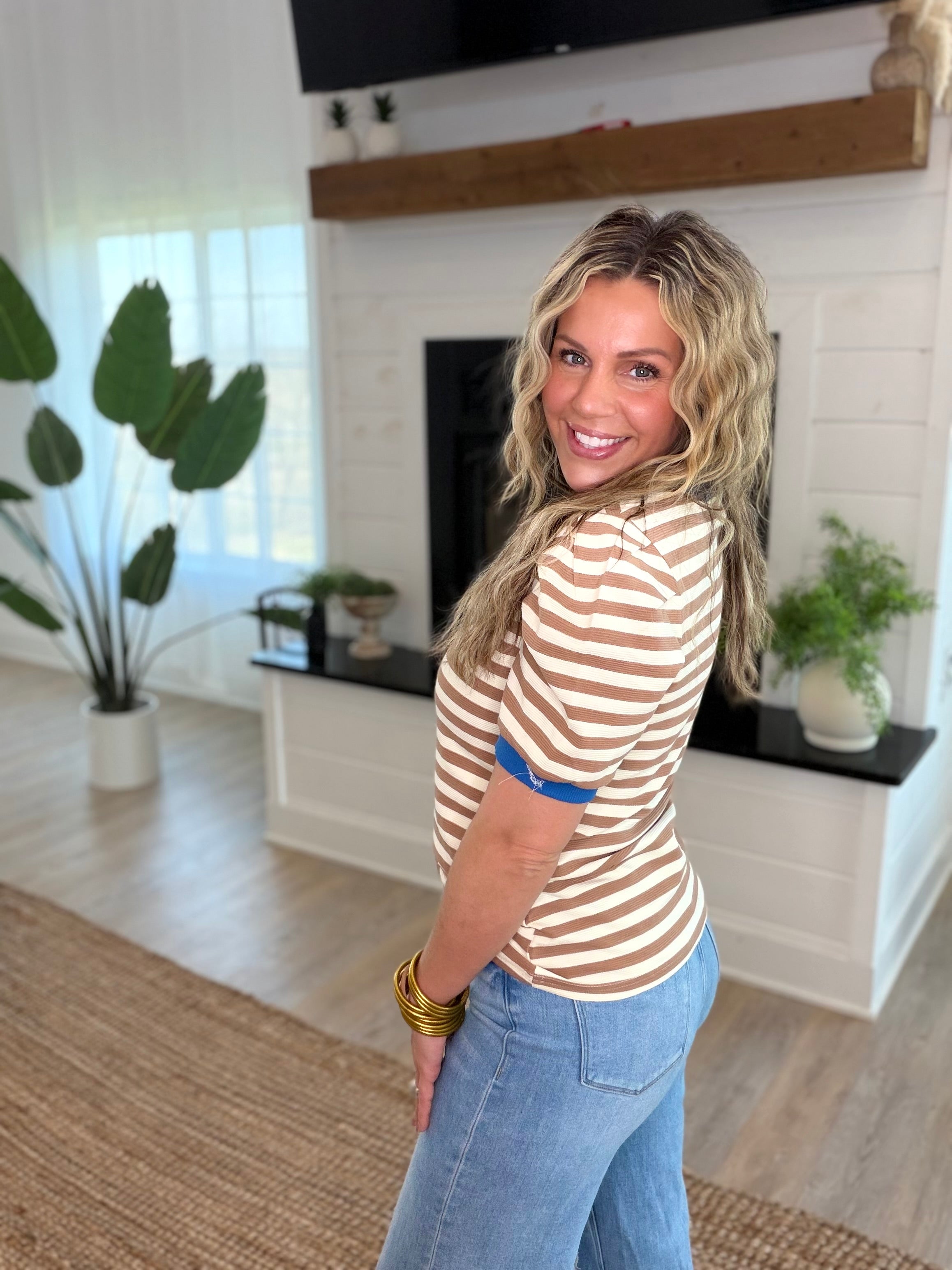 Brown Stripe Puff Sleeve Top