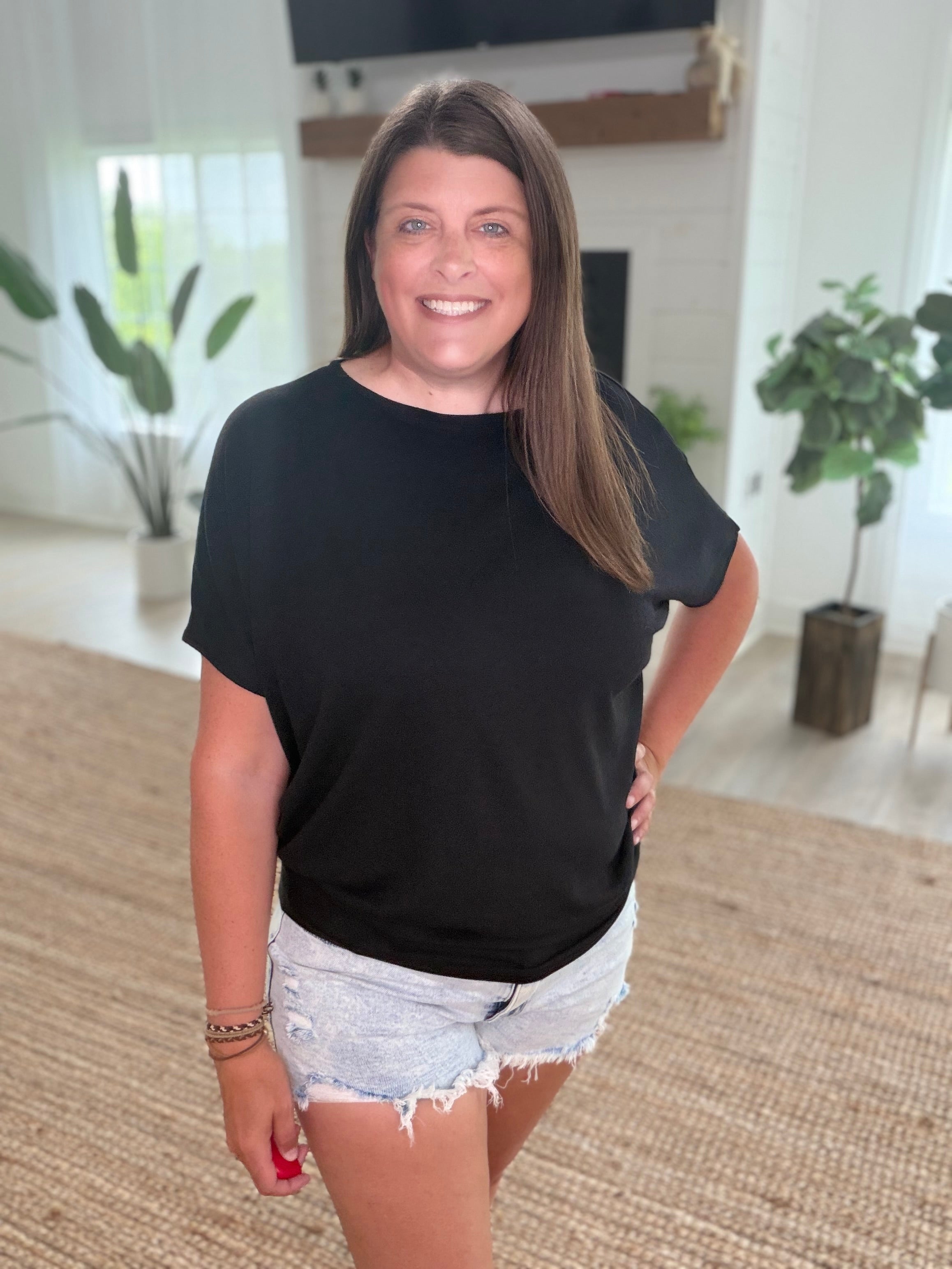 Black Hacci Dolman Sleeve Boat Neck Top