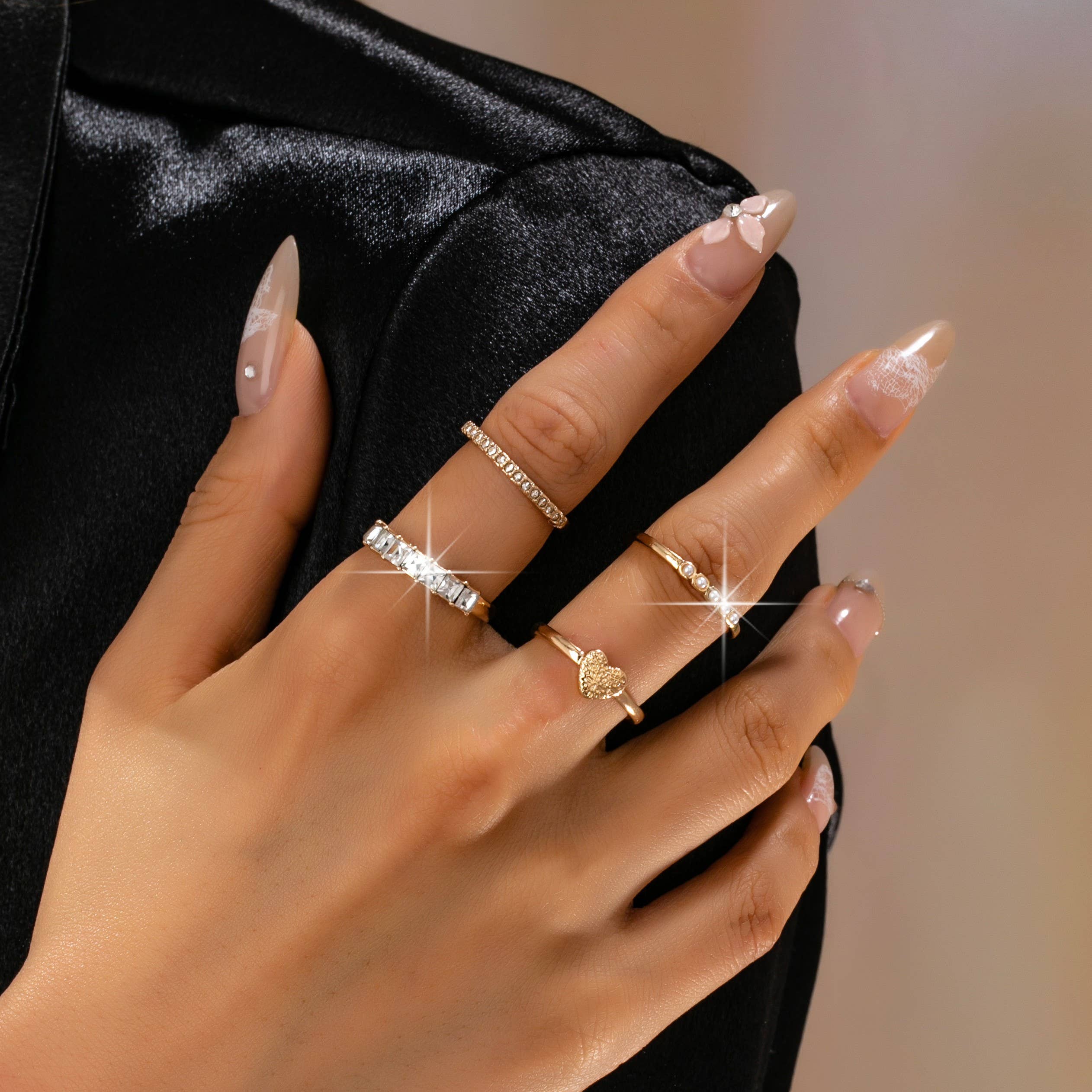 Gold-Tone Mixed Crystal & Pearl Stacking Ring Set
