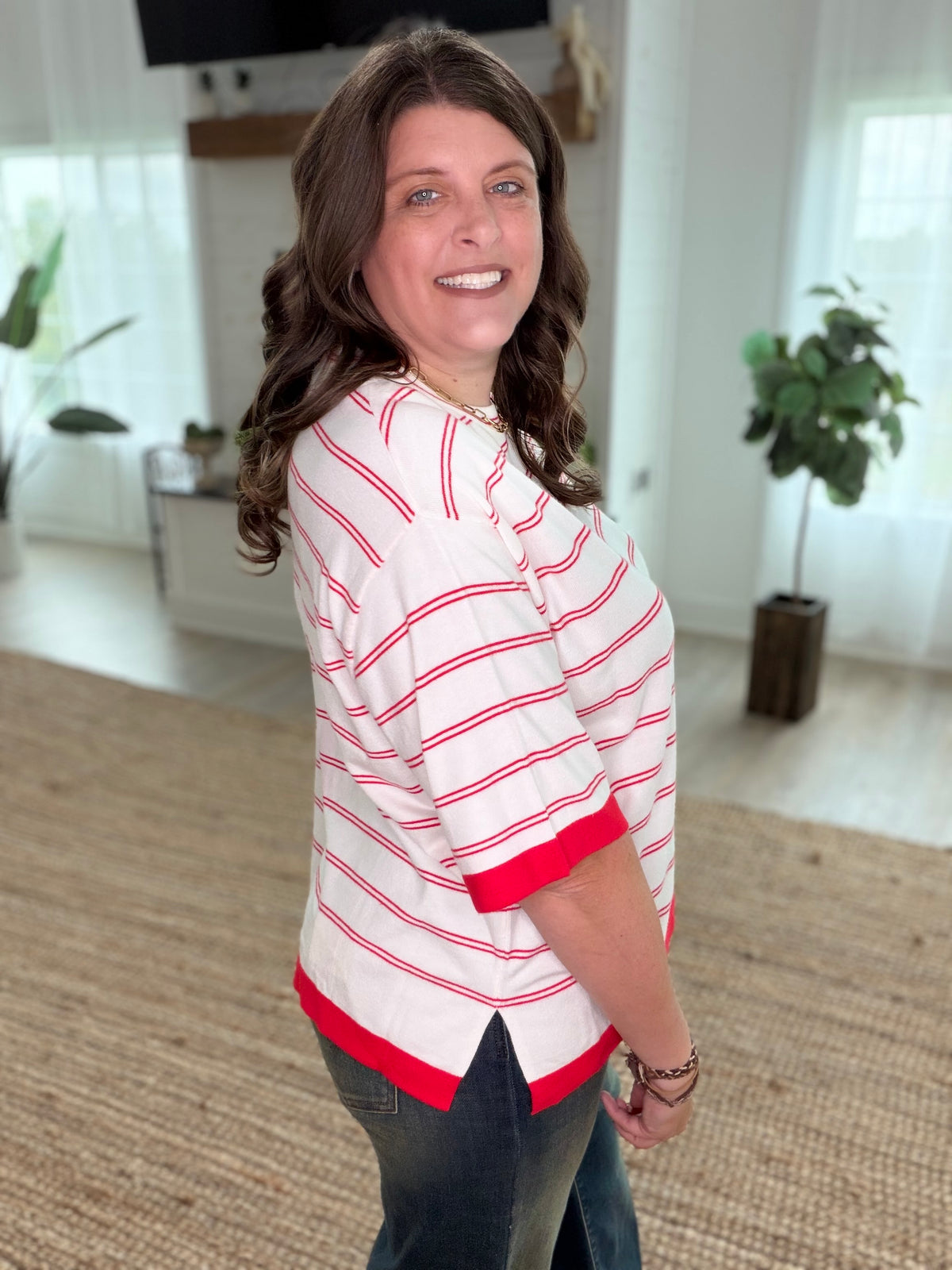 Ruby Viscose Stripe Short Sleeve Lightweight Sweater