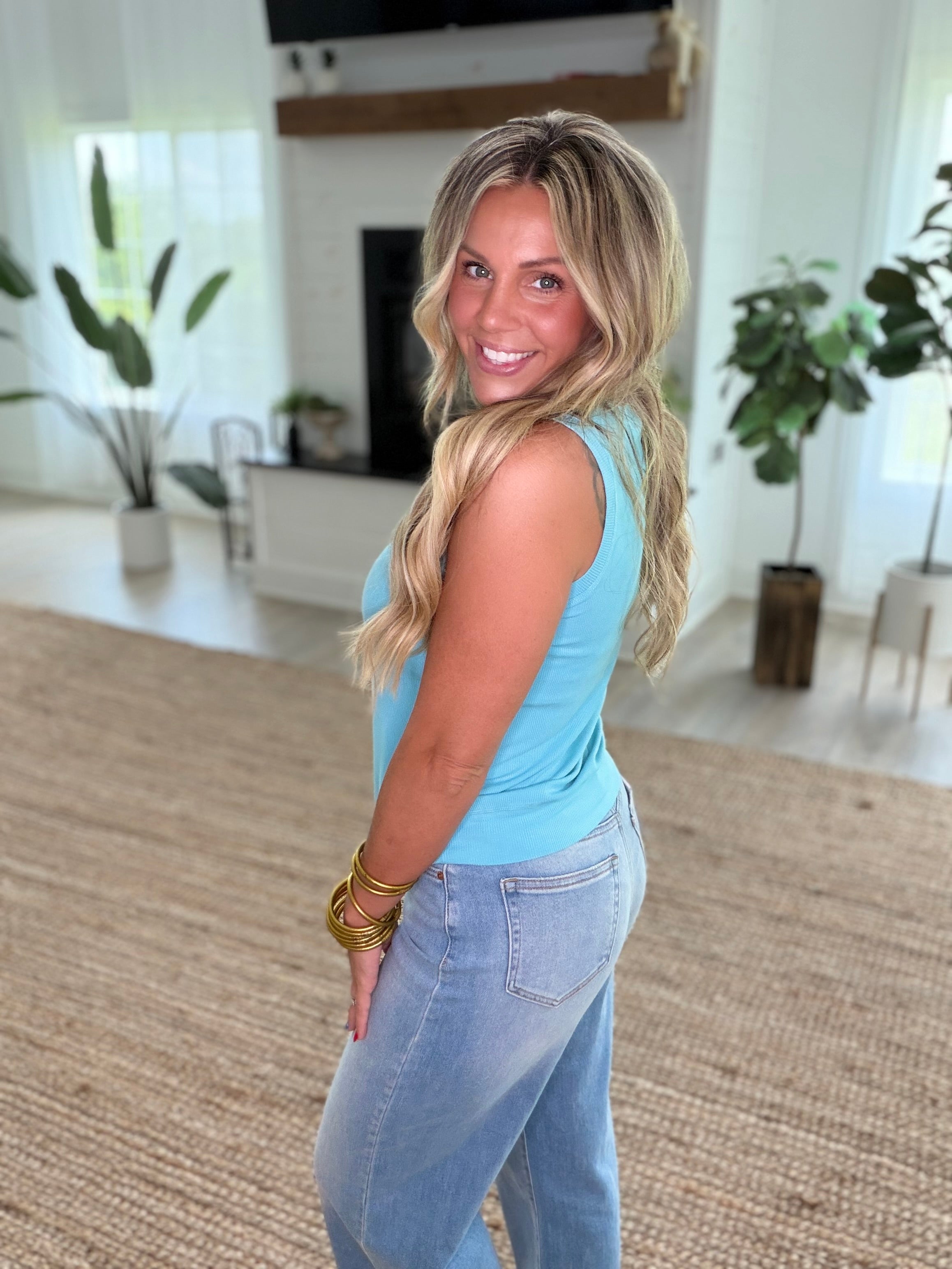Powder Blue Ribbed Viscose Crew Neck Loose Fit Tank