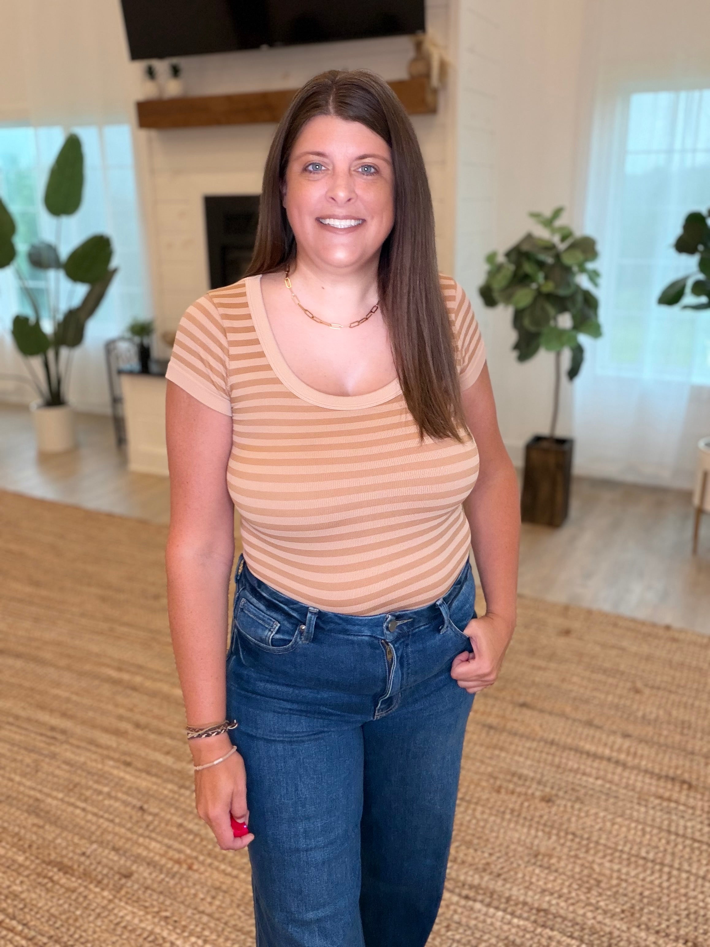 Nikibiki Milk Tea Striped Scoop Neck Top