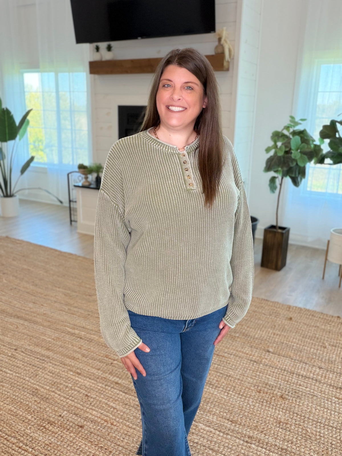 Light Olive Washed Ribbed Henley Drop Shoulder Sweater